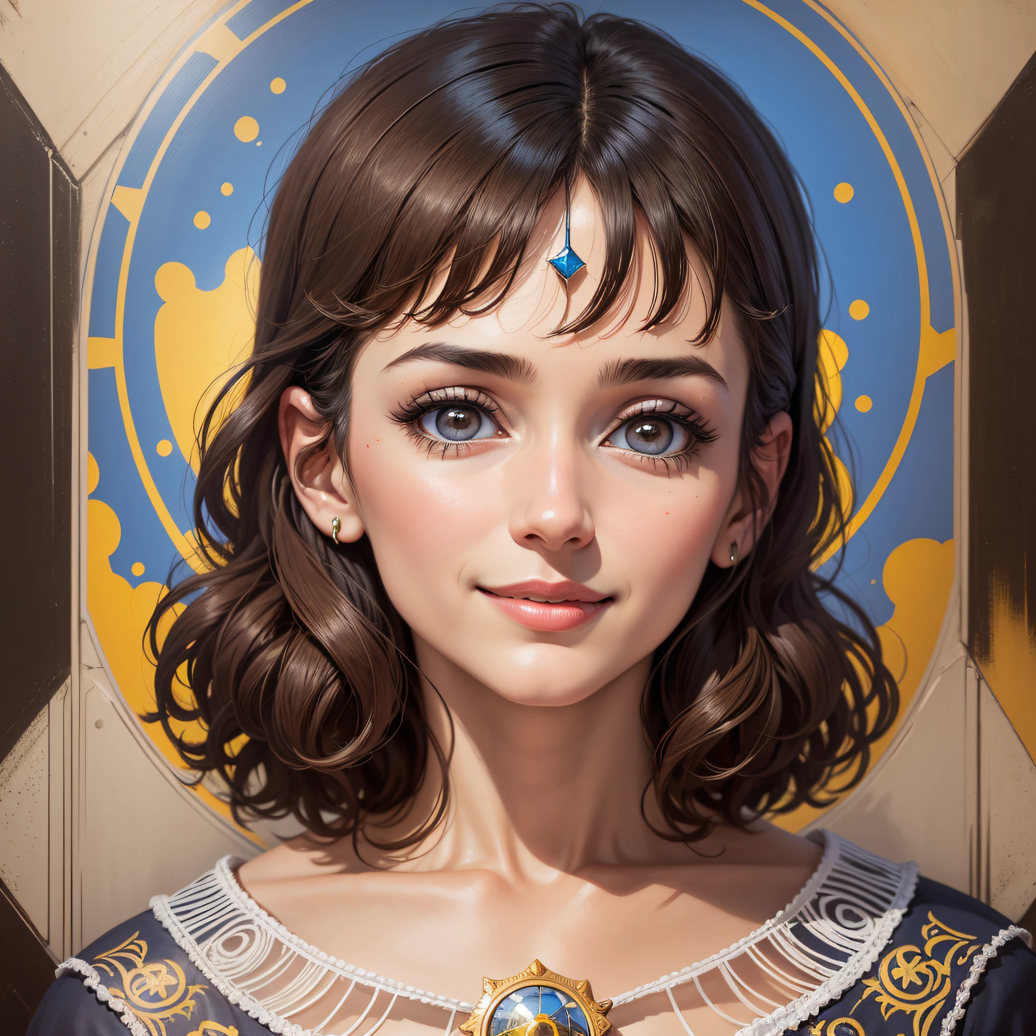 there is a woman who is smiling and holding the world, portrait of a 40-year-old woman with short hair, short brown hair and big eyes, by Nándor Katona, full portrait - face close - above, closeup headshot portrait, headshot closeup, headshot profile picture, mirka andolfo, robust adult woman portrait, profile portrait, high detail, salvador dali, Luminism, Pop art, Pop art --auto --s2