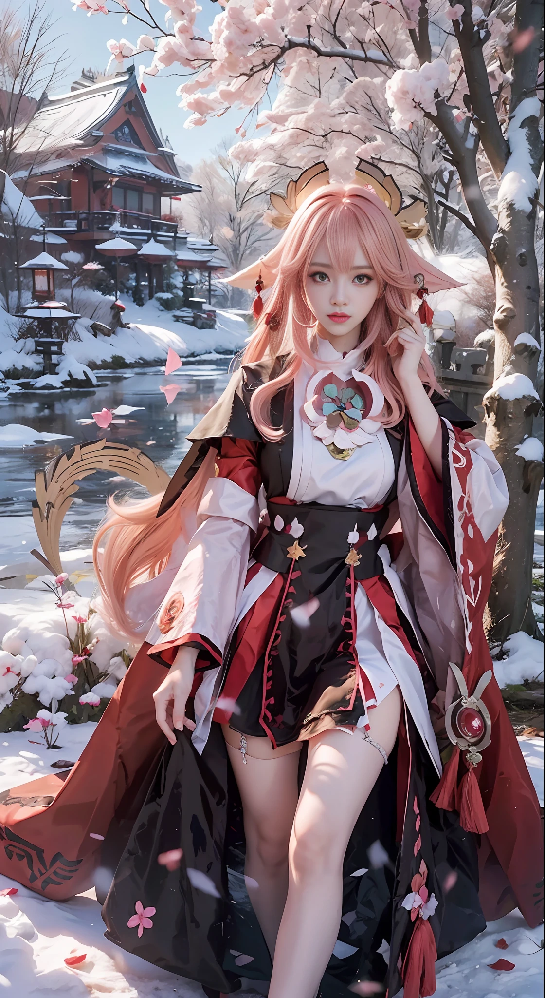 Girl poses enchantingly in pink dress, Kokiyo from Genshin Impact, Nakari from Genshin Impact, Barbie in white lace stockings, from Azure Lane video game, Ki no Sakura, popular on CGSTATION, Ayaka Genshin Impact, 1girl, Feather feidie_helmet, White furry coat, Snow, Masterpiece, 8k, Best quality, Long straight black hair, Red furry cape, cape, there are birds in the sky, There are butterflies in front (full body 2.0) and snowy mountains in the back, the sky is very blue, and there are flowers in hand
