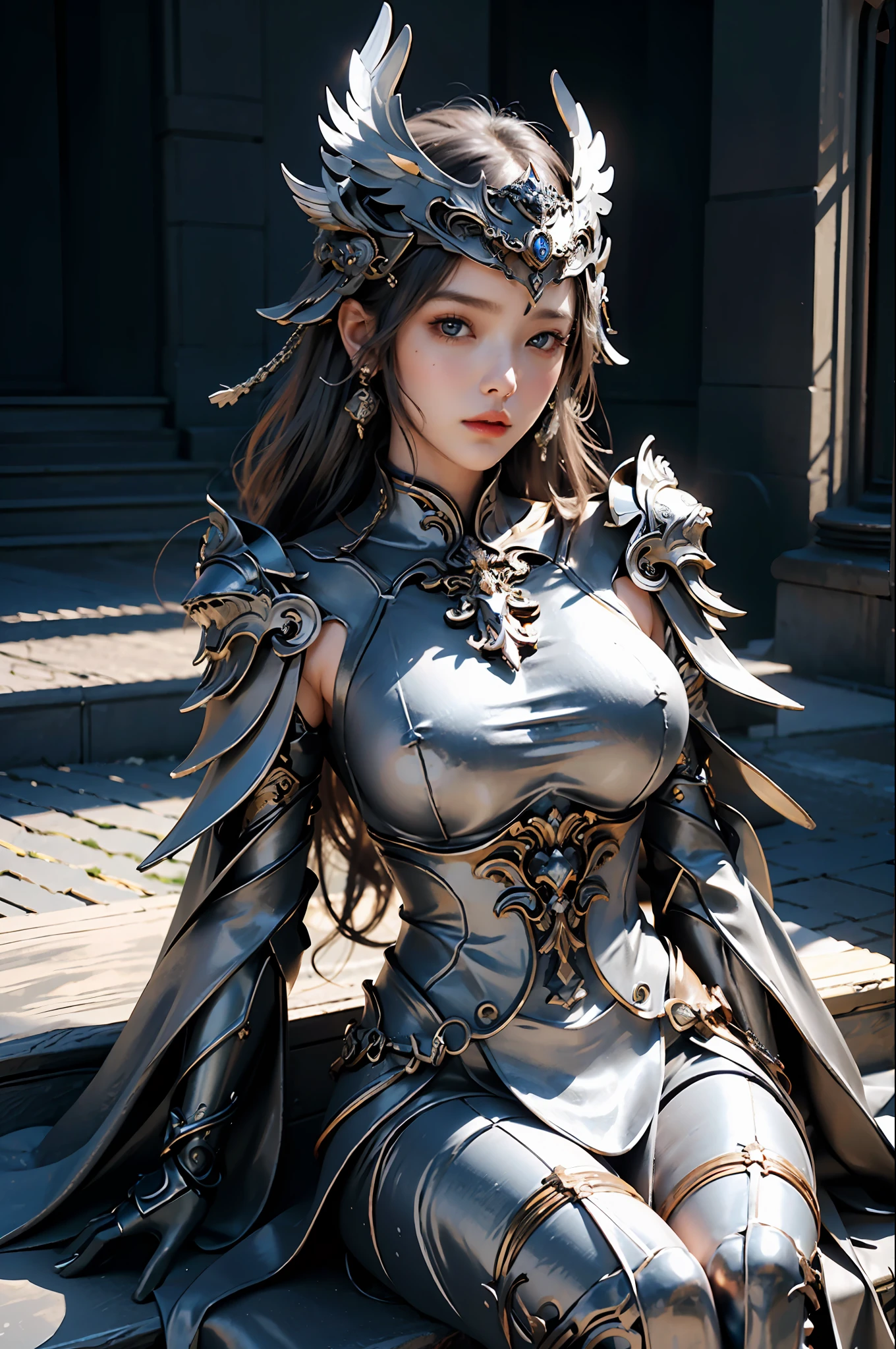 ((Woman, sitting, close-up, realistic)) Realistic visuals, artistic sophistication, captivating beauty, dramatic contrast, 8k wallpaper, absurdity, incredible absurdity, silver helmet gadaxintai gaodanvshen, (1girl:1.5), super fine face, detailed eyes, proud figure, ((big breasts))