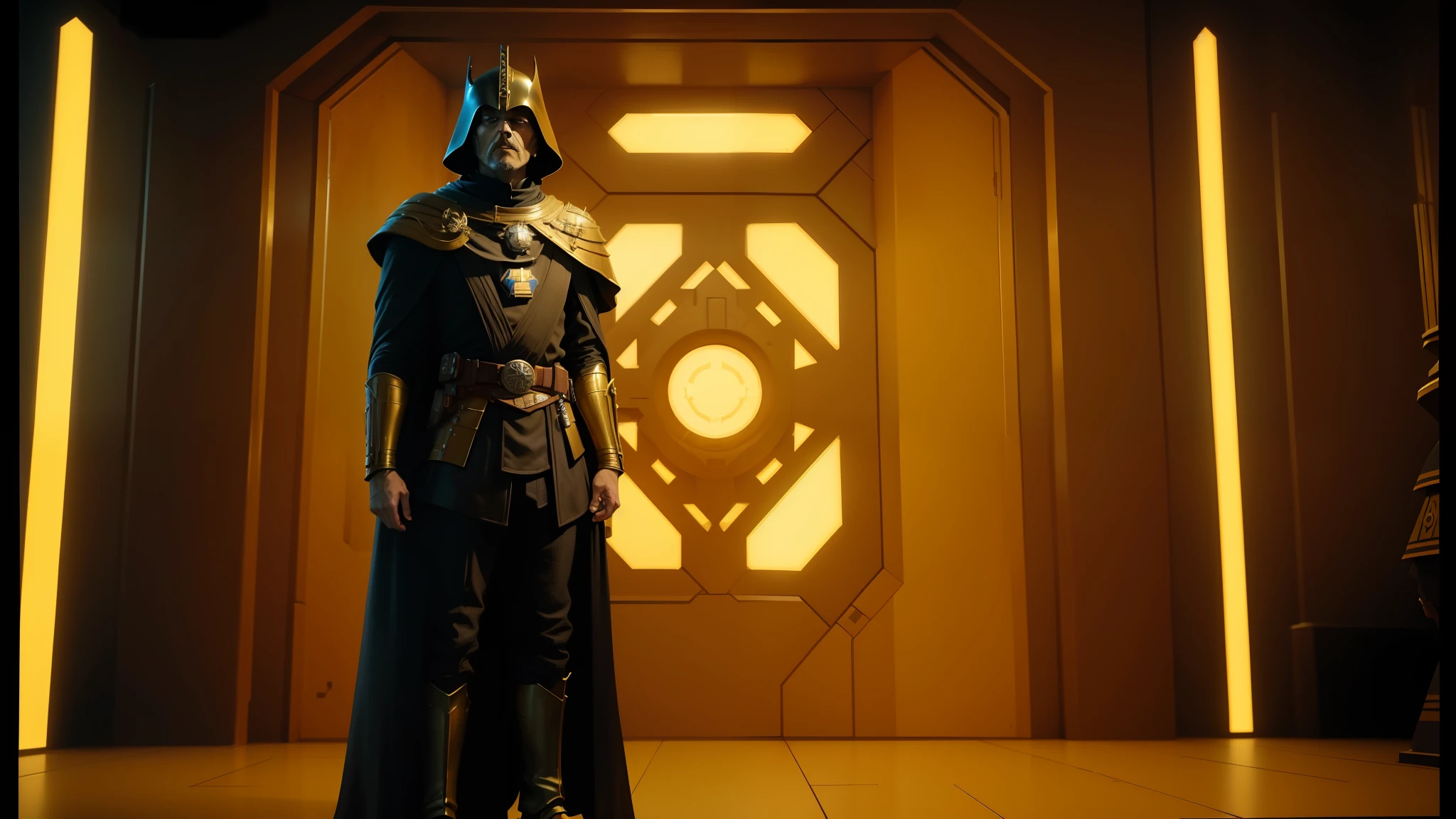 a close up of a star wars character standing in a room, majesty in noble clothes, golden engines, an empty brutalist chamber, british stopmotion, doctor doom, best color graded, fantasy scifi, black sun, high collar, cybergods, supermarionation, by James Morris, dark fantasy of the unknown --auto --s2