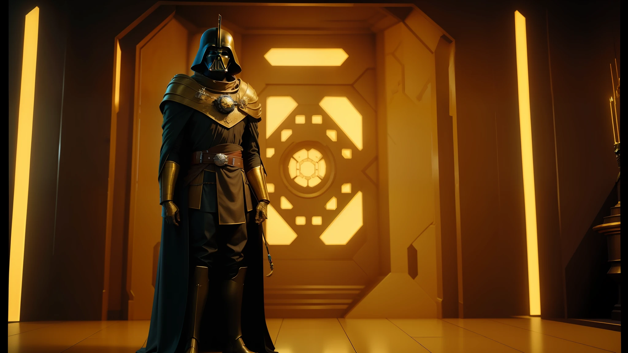 a close up of a star wars character standing in a room, majesty in noble clothes, golden engines, an empty brutalist chamber, british stopmotion, doctor doom, best color graded, fantasy scifi, black sun, high collar, cybergods, supermarionation, by James Morris, dark fantasy of the unknown --auto --s2