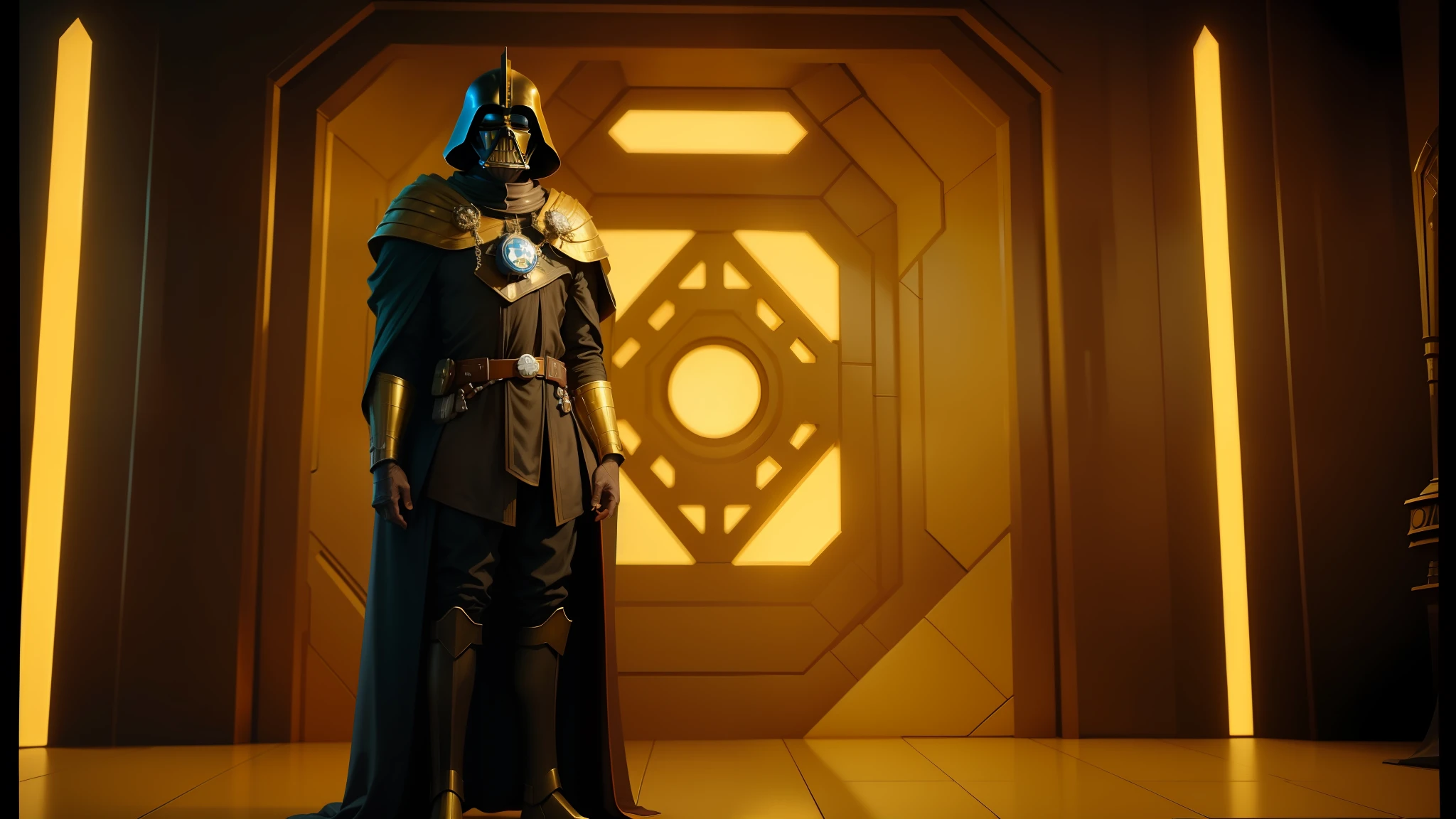 a close up of a star wars character standing in a room, majesty in noble clothes, golden engines, an empty brutalist chamber, british stopmotion, doctor doom, best color graded, fantasy scifi, black sun, high collar, cybergods, supermarionation, by James Morris, dark fantasy of the unknown --auto --s2