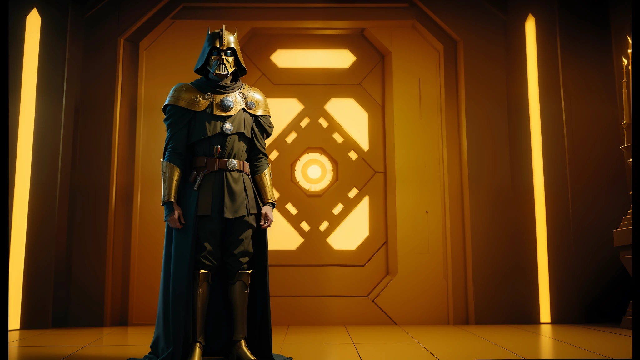 a close up of a star wars character standing in a room, majesty in noble clothes, golden engines, an empty brutalist chamber, british stopmotion, doctor doom, best color graded, fantasy scifi, black sun, high collar, cybergods, supermarionation, by James Morris, dark fantasy of the unknown --auto --s2