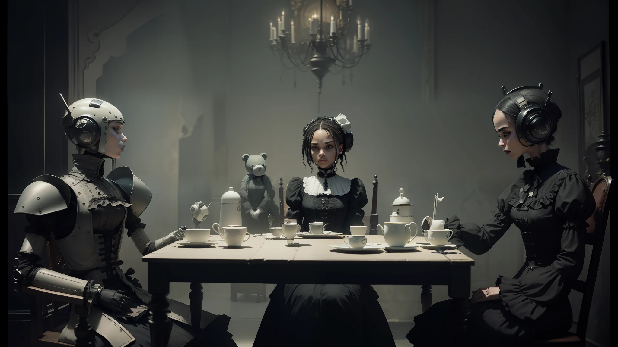 there are two robots and a woman sitting at a table, zoë kravitz, alexander jansson style, still from a music video, victorian gothic ta fashion, holding a teddy bear, emotive and expressive, anorexic, desolate figure, lemonade, gothic influence, black and white color aesthetic --auto --s2