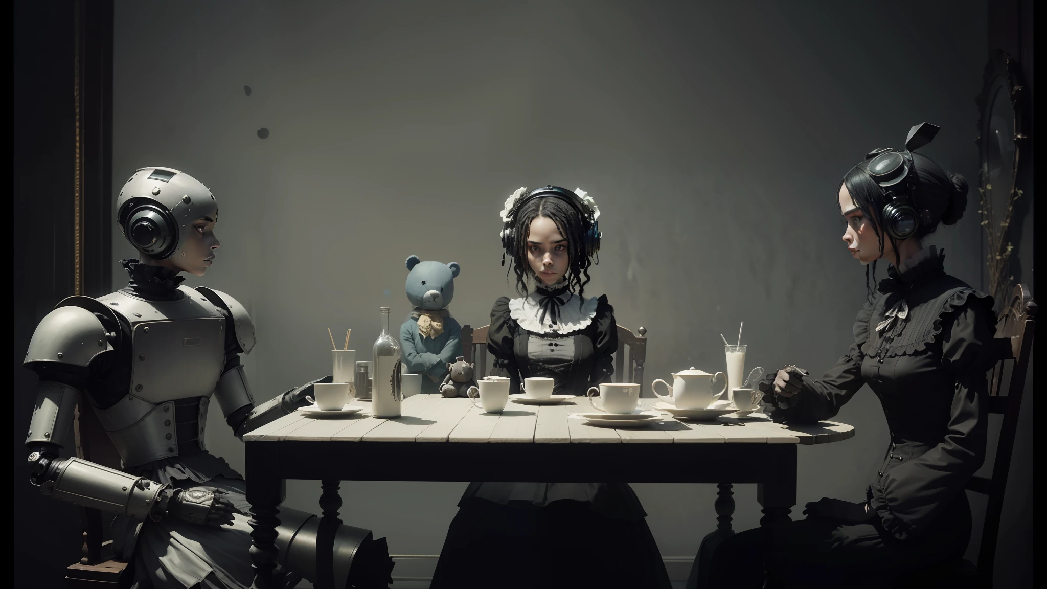 there are two robots and a woman sitting at a table, zoë kravitz, alexander jansson style, still from a music video, victorian gothic ta fashion, holding a teddy bear, emotive and expressive, anorexic, desolate figure, lemonade, gothic influence, black and white color aesthetic --auto --s2