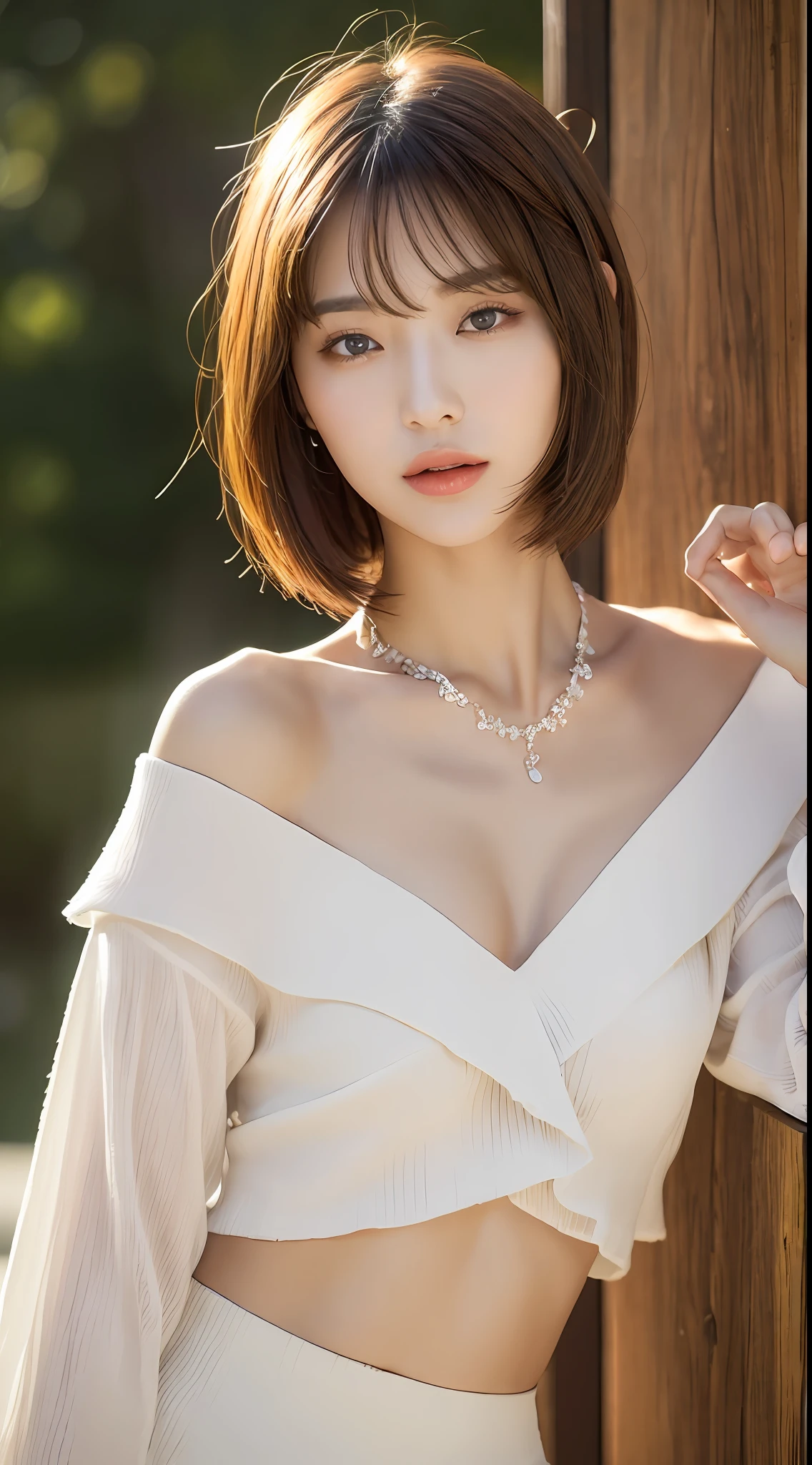 ((Top Quality, 16k, Masterpiece: 1.3)), Sharp Focus: 1.2, Beautiful Women with Perfect Figure: 1.4, Slender Abs: 1.2, ((Bobcut)), ((Small: 1.4)), ((Kpop Idol: 1.3)), ((White Run Jewelry 1.5)), (Japanese), Highly Detailed Face and Skin Texture, Detailed Eyes, Double Eyelids, (((Pause)), (Seductive))