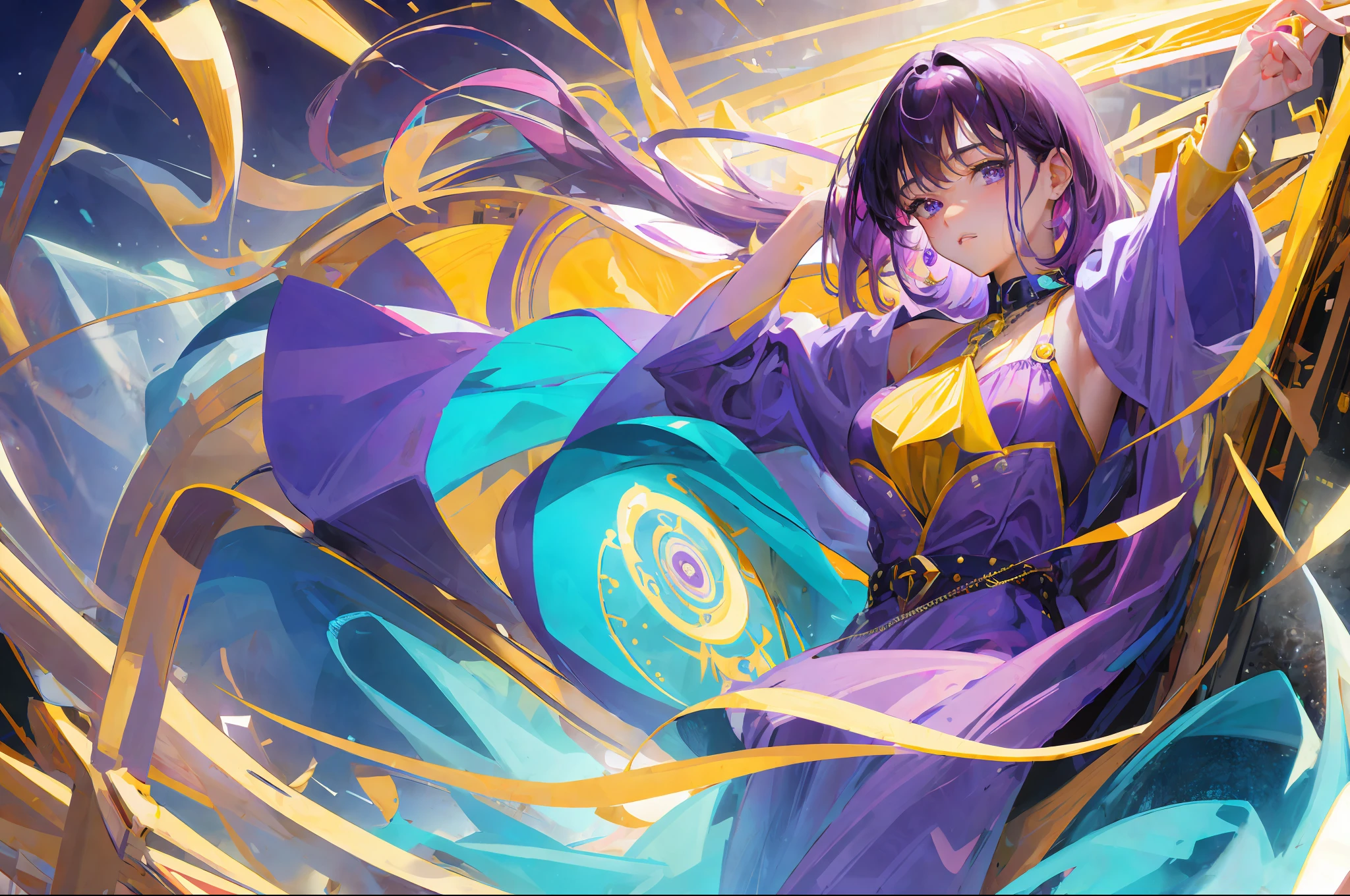 ((Masterpiece, Best Quality, Ultra Detailed, High Resolution)), Single, Beautiful Girl, Purple Hair, Perfect Eyes, Age 15, Yellow Violet Theme, Erlenmeyer Flask, Lab, Cold