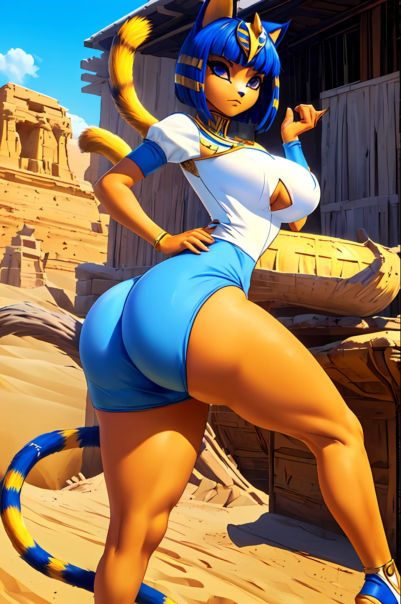 masterpiece, best quality, ultra-detailed, illustration, epic lighting, cinematic composition, 1girl, catgirl, ankha (animal crossing), yellow skin, cat tail, cat ears, short blue hair, bangs, white dress, sitting, (from below:1.1), cowboy shot, expressionless, (looking at viewer:1.1), outdoors, desert, sand, oasis, palm trees, river, pyramid, (8k:1.1), (gigantic breasts:1.6), (breast expansion:1.3), (wide hips, huge thighs, thin waist:1.4), (huge ass:1.1), (tight clothes, clothes sizes too small:1.3)