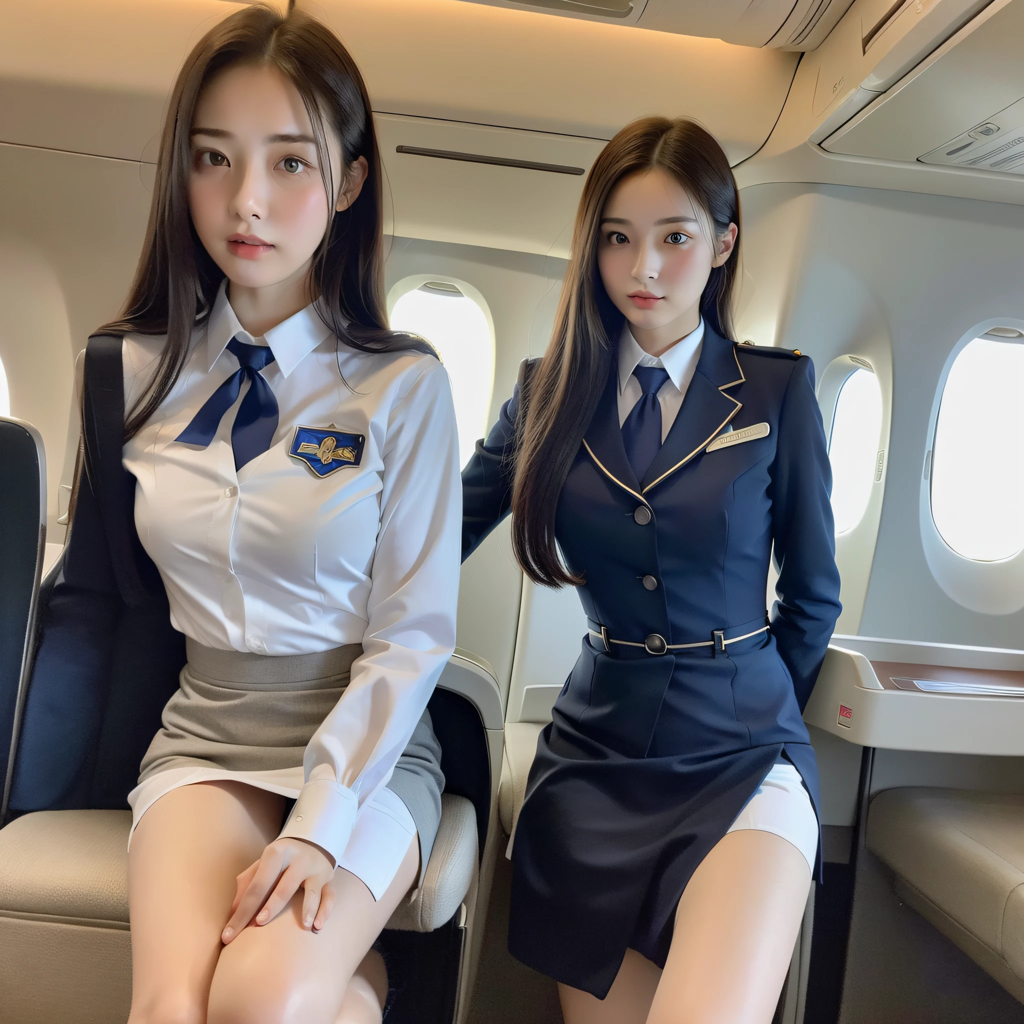 Top quality, masterpiece, 8K, Ultra High Definition, (Photorealistic: 1.4), 1 girl, beautiful face, symmetrical eyes, perfect body proportions, stewardess uniform, look at the viewer, (interior of the plane: 1.2), front view,