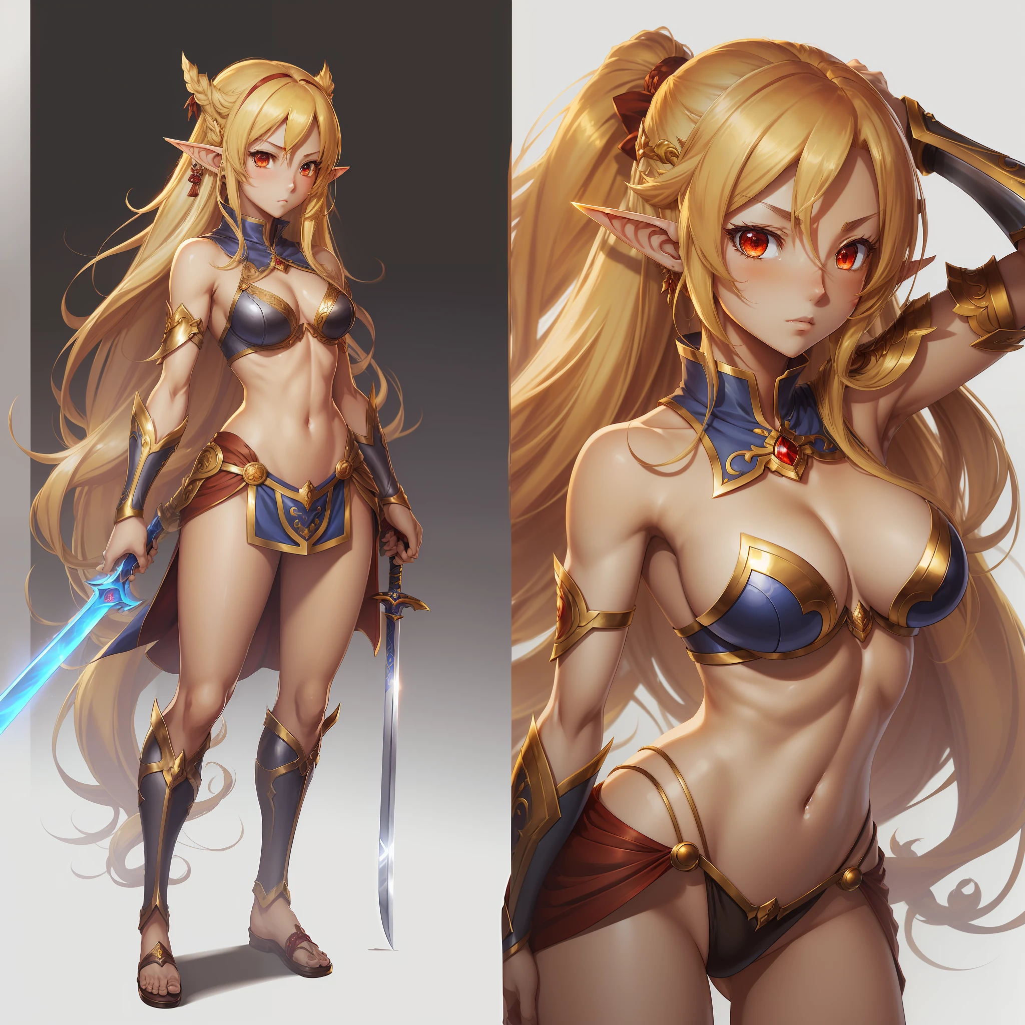 ((Masterpiece)), (((highest quality)))), ((Character design sheet, same character, front, side, back), illustration, Blue Archive character, tanned skin, brown, ecchi anime style, ecchi, loli cute anime girl,1 girl, long hair, pose, female elf, elf ears, char turn betalaura, (simple background, white background: 1.3) blonde, golden hair, red eyes, crimson eyes, swordsman, full body, full body figure, character design