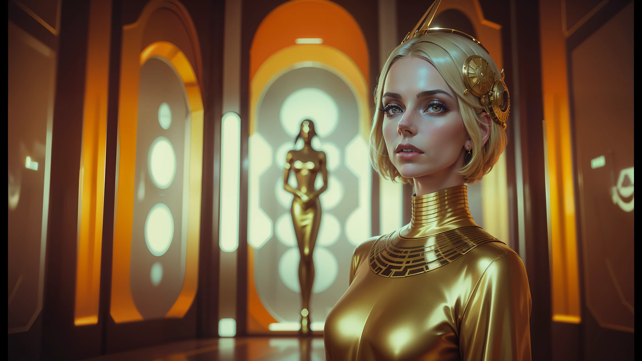 araffe woman in gold dress standing in front of a golden statue, cinematic scifi shot, by Nína Tryggvadóttir, retro futurism, by Oskar Lüthy, portrait of (charlize theron), dmt machine elves, 7 0 s, aleksandra waliszewska, shot for imax, orange, panfuturism --auto --s2