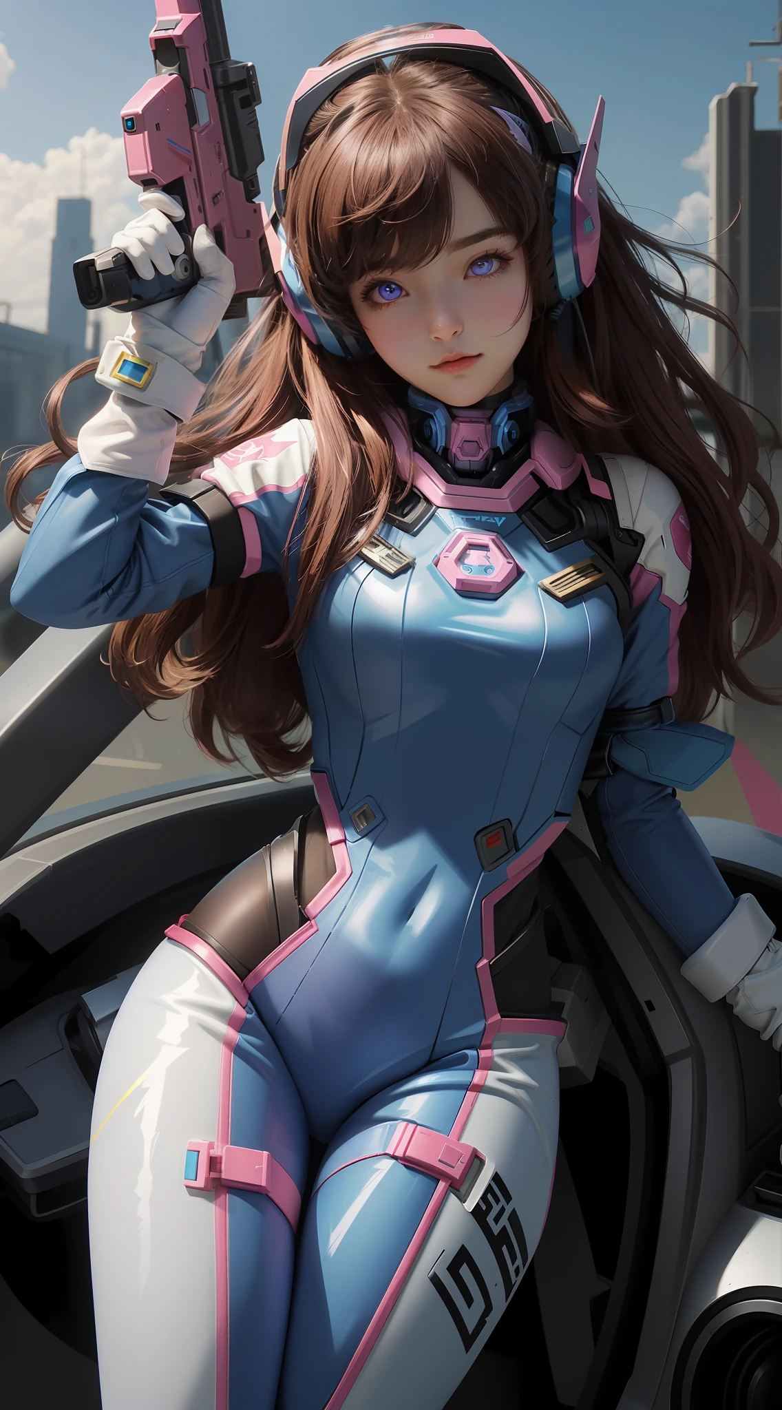 Masterpiece, Best Quality, High Resolution, 1Girl, Ultra High Resolution, Solo, Mecha Pilot, D.VA, Headphones, Pink Eyes, Cat Face Adornament, Blue Tights, Brown Hair, White Gloves, (Driver: Light Gun)