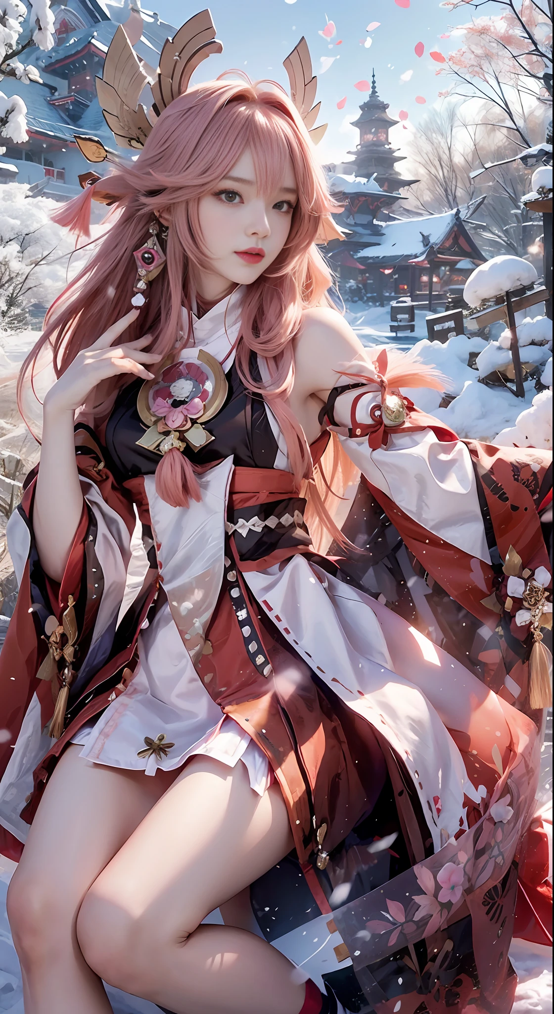 Girl poses enchantingly in pink dress, Kokiyo from Genshin Impact, Nakari from Genshin Impact, Barbie in white lace stockings, from Azure Lane video game, Ki no Sakura, popular on CGSTATION, Ayaka Genshin Impact, 1girl, Feather feidie_helmet, White furry coat, Snow, Masterpiece, 8k, Best quality, Long straight black hair, Red furry cape, cape, there are birds in the sky, There are butterflies in front (full body 2.0) and snowy mountains in the back, the sky is very blue, and there are flowers in hand