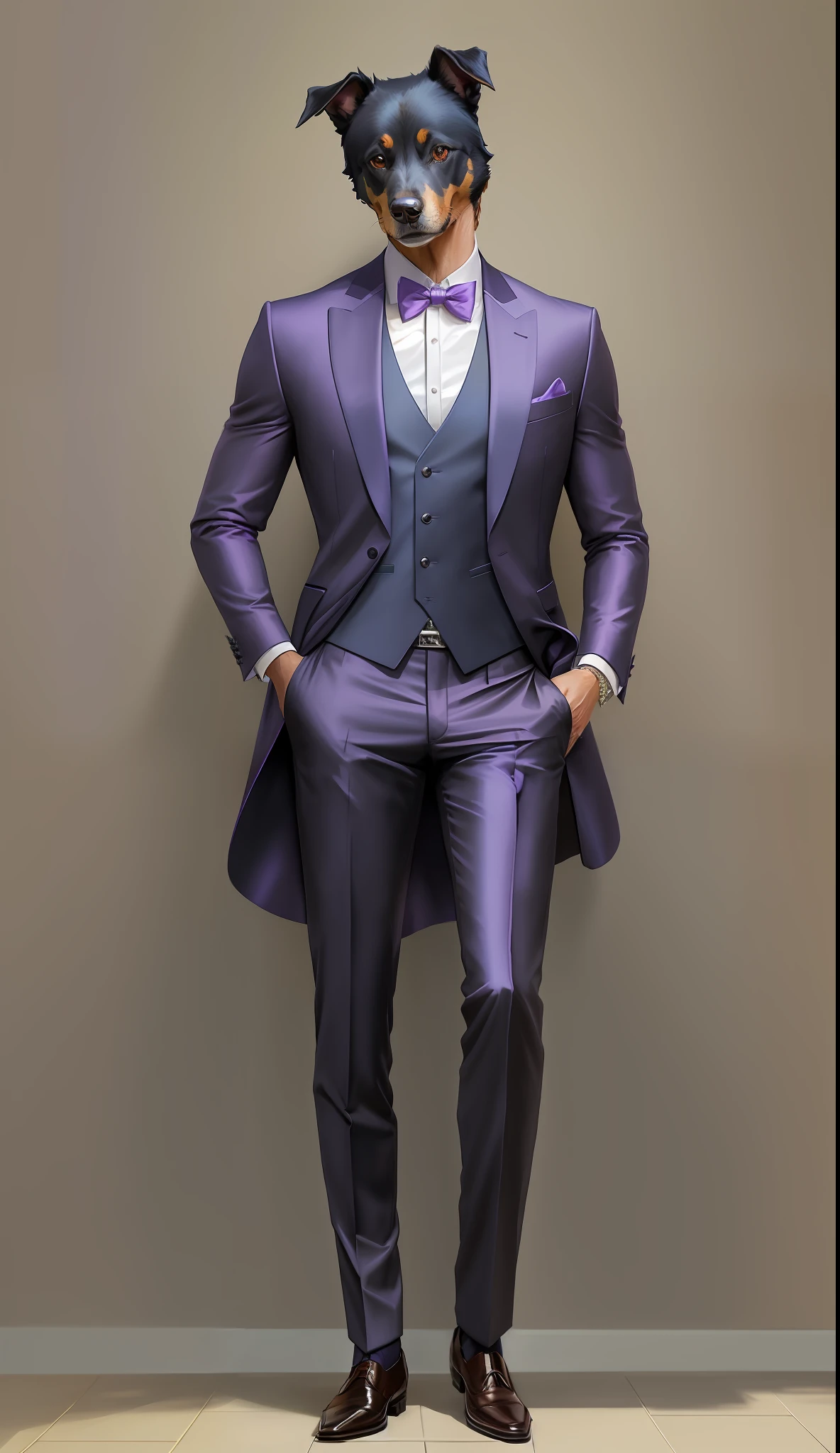 arafed dog in a suit and bow tie standing in front of a wall, guy using the purple fancy suit, 3-piece-suit, wearing fashion suit, wearing fantasy formal clothing, stylish suit, digital art of an elegant, standing elegant pose, handsome stunning realistic, wearing a stylish men's suit, stylized portrait formal pose, realistic portrait full body