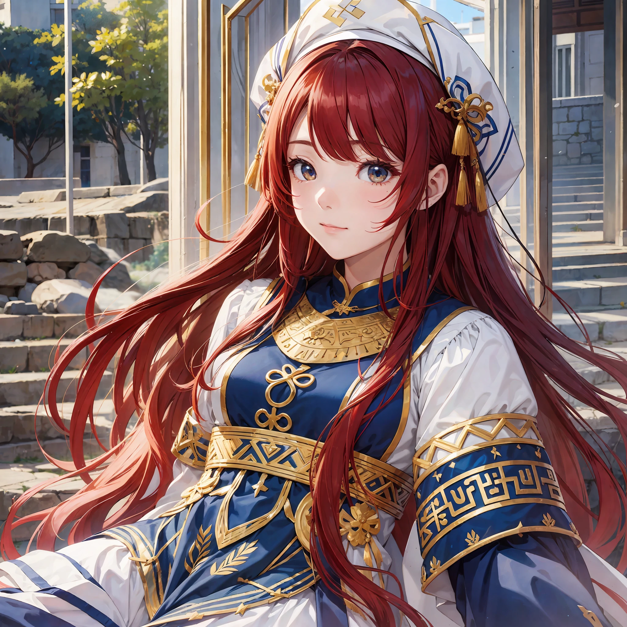 1girl,greek clothes, 大理石\(stone\), 寺庙, 纪念碑, red_hair,long_hair,upper body, --auto --s2
