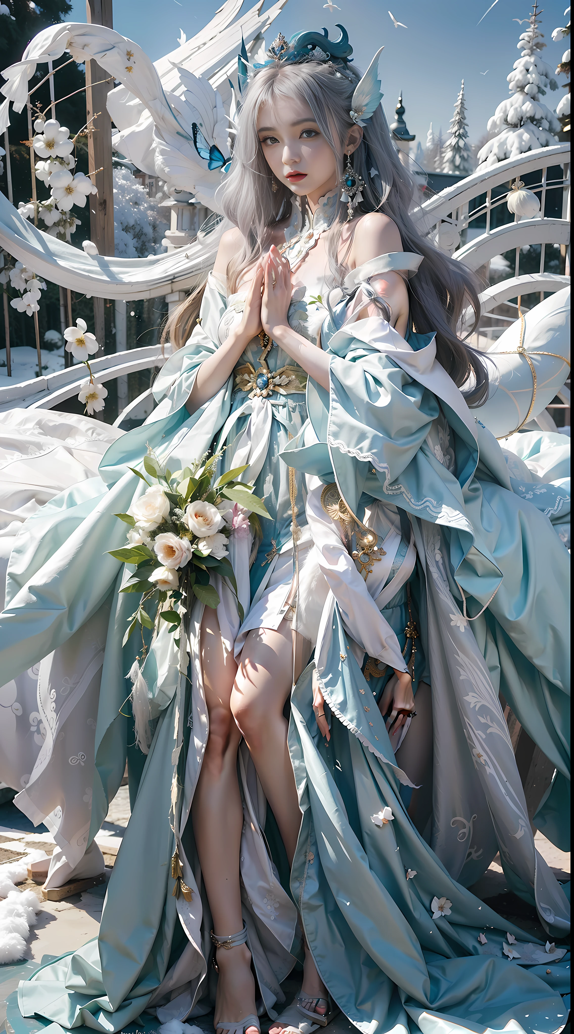 Close-up of a woman in costume on stage, full body fairy, beautiful celestial mage, amazing young ethereal character, beautiful fantasy queen, astral witch costume, Shaxi, flowing magic robe, white Hanfu, fairy fantasy, beauty Delfin, ethereal fantasy, elegant and charming cosplay, Hirose Jinyao, lying on bed, charming, very funny, a sports car, night punk oriental architecture, white furry coat, snow, masterpiece, 8k, best quality, black long straight hair, red furry cape, Cloak, birds in the sky, butterflies in front (full body 2.0) snowy mountains behind, blue sky, holding flowers in hand