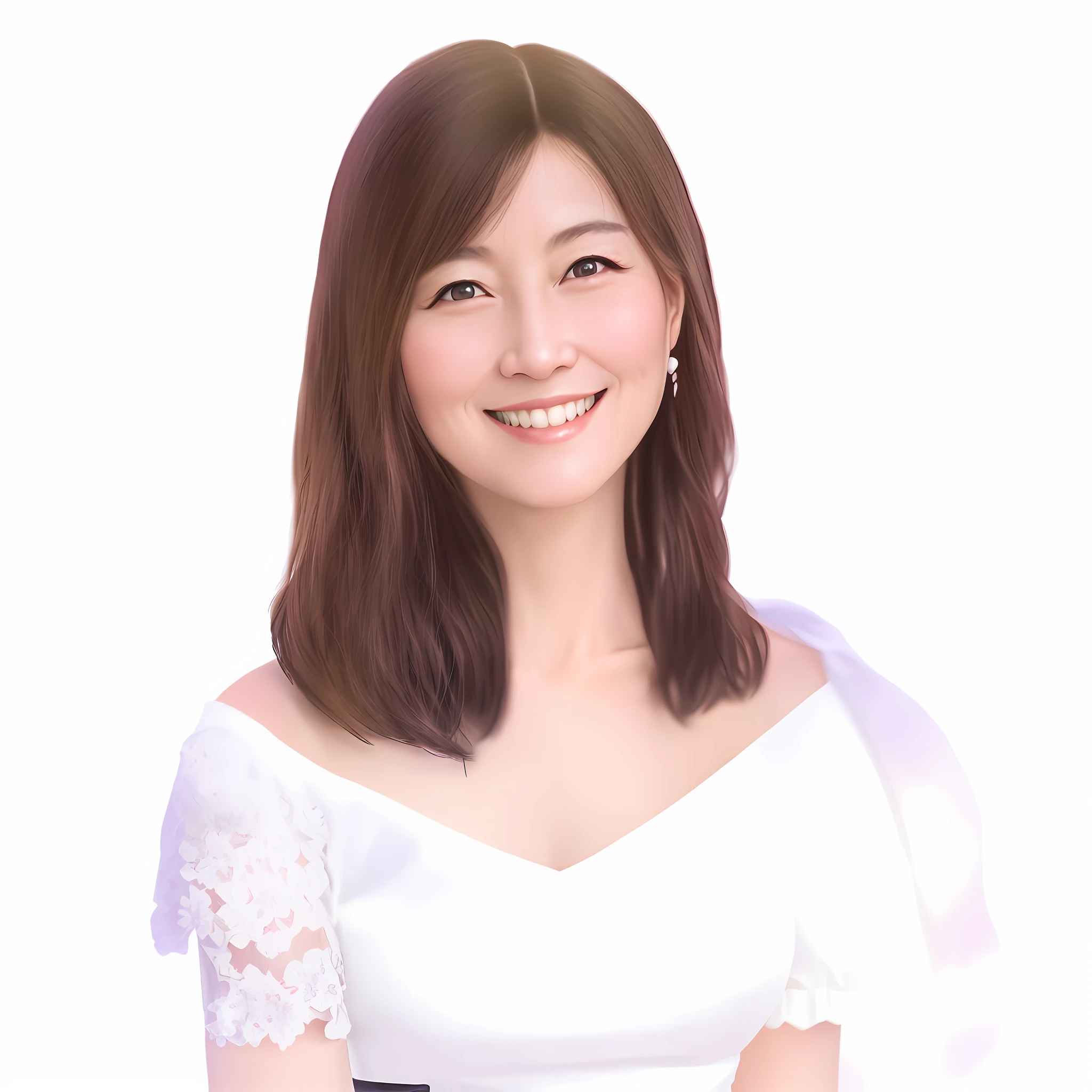 White dress Very realistic photo Slightly older woman Beautiful woman Woman with attractive smile Japan woman Realistic wrinkles Realistic skin feeling