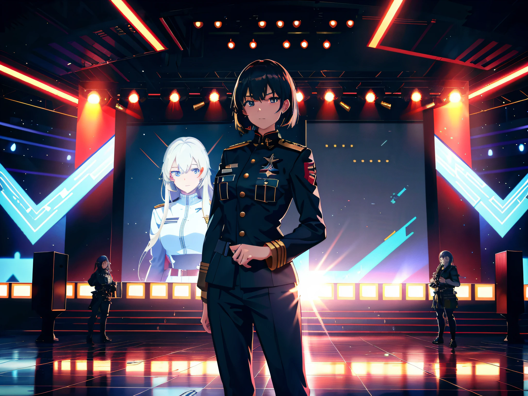 anime character in uniform standing in front of stage with lights, best anime 4k konachan wallpaper, from the azur lane videogame, kantai collection style, girls frontline cg, from girls frontline, girls frontline universe, badass anime 8 k, girls frontline style, style of red line anime movie, kantai collection arcade, high detailed official artwork, girls frontline