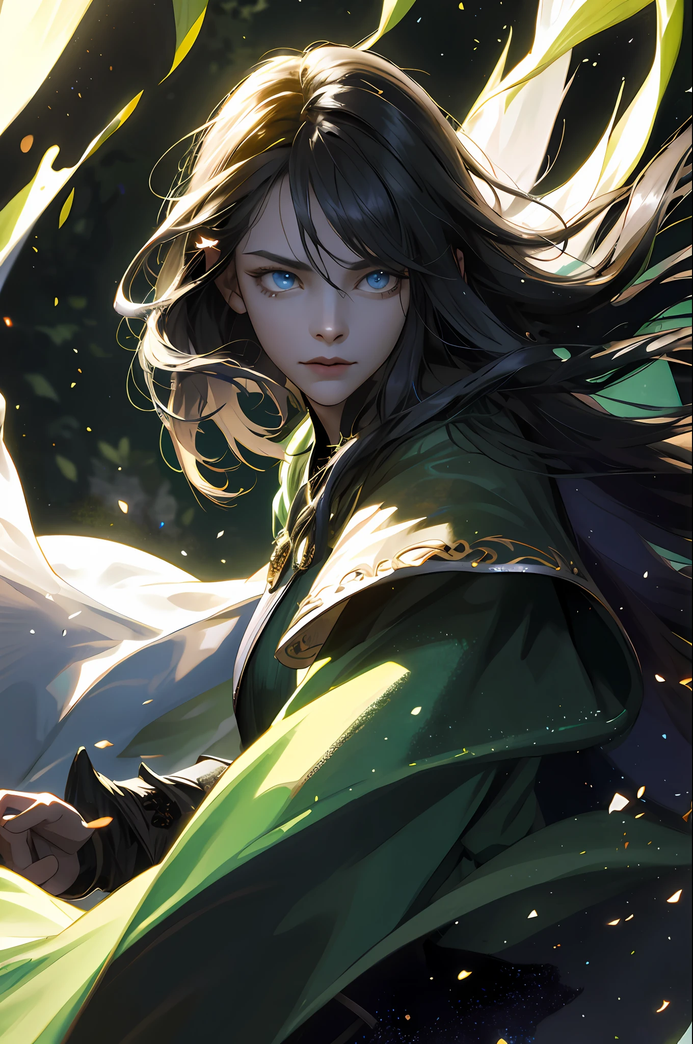 (masterpiece), (movie light)), (high resolution, super detail), elf, pretty face, 1 woman, , straight long hair, beautiful long golden hair, hair fluttering in the wind, blue eyes, bangs, detailed eyes and detailed face, intricate details, viewer view, solo, detailed background, full body, detailed face, (Gothic Dark Age theme: 1.5), shining circlet, , miniature armor, dynamic pose, Forest-themed clothes, glowing magic fragments, deep forest, illuminated by flames, night, dark, figure floating in flame lighting, magic floating particles, magnificent ethereal atmosphere, updraft, portrait, blurry background, serious gaze, war, wind magic, war, powerful movement, wind magic, green base color, ((((deep shadow)))),