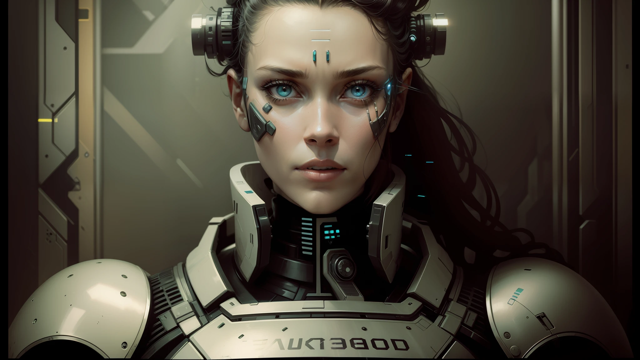 there is a woman with a futuristic headpiece and a helmet, symmetry!! portrait of cyborg, by Eglon van der Neer, borg, artificial intelligence princess, body armour, portrait of rugged adult female, by Brad Holland, award-winning-photograph, biophilia mood, # sci - fi, cyborg neck, with ai theme --auto --s2
