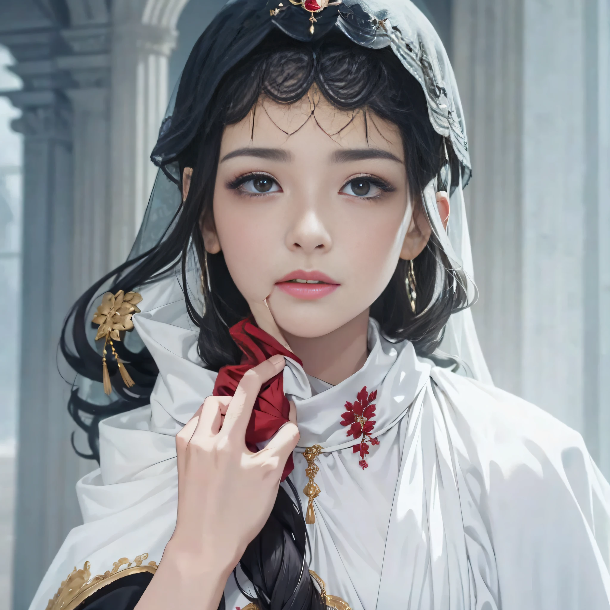 "(best quality), (masterpiece), 1 girl, gentle-faced, blood on the corner of the mouth,tragedy, betrayal, pain, wearing a magnificent court dress, disheveled hair, eyes filled with endless sorrow, sadness, anger, despair, a black court robe with golden embroidery and exquisite decorations, kneeling on the ground, hands holding a crimson silk scarf, tears falling on the veil, a bird's-eye view angle capturing her kneeling position and showcasing the magnificent palace and splendid scenery behind her, trembling hands tightly gripping the red scarf, expressing inner grief and unwillingness, palace interior, luxurious decorations, and magnificent scenery contrasting with the woman's despair."
