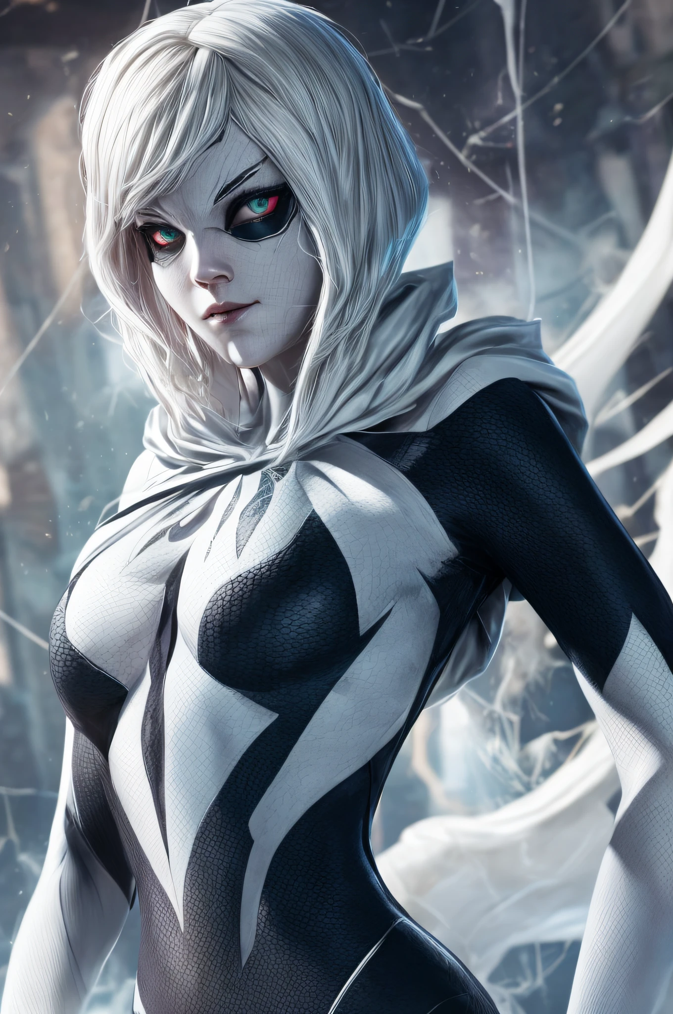 ghost spider, gwen in a black outfit with spider in the center of his chest in white, organic looking outfit, gooey forehead, symbiote, white eyes, fine art, ps5 cinematic screenshot,highly detailed detailed cinematic rendering, ultra photorealistic raytricing, with cinematic lighting