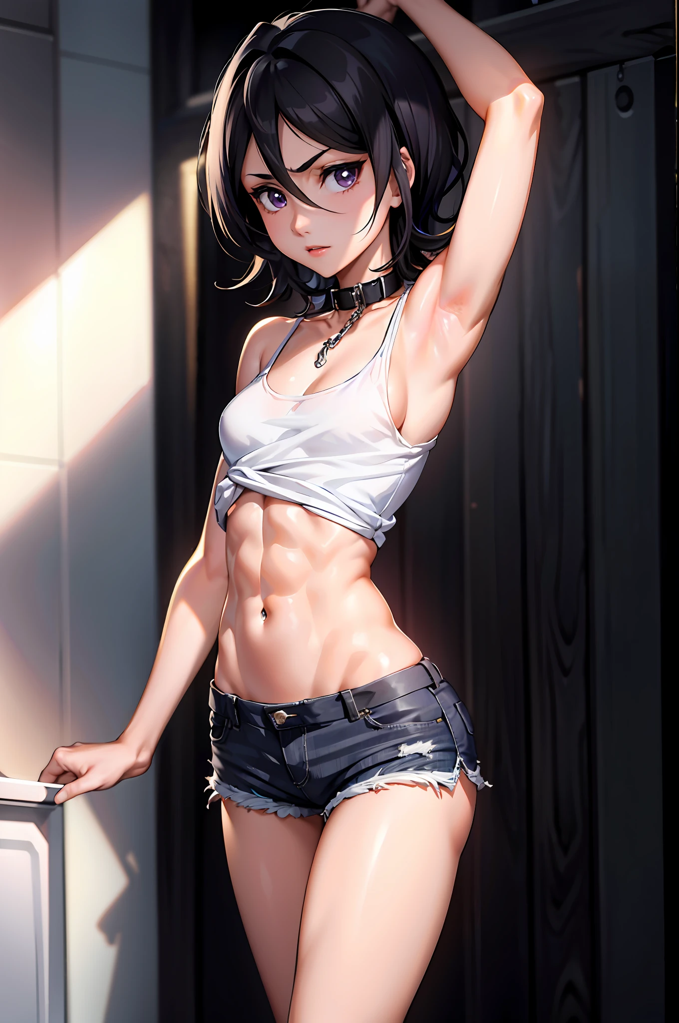 ((small breasts, tomboy girls, small head)), daylight, sunlight, (chiseled abs: 0.7), (perfect body: 1.1), (short wavy hair: 1.2), rukia, black hair, hair between eyes, purple eyes, collar, chain, full body shot, crowded street, in black tank top, denim jacket, ((shorts)), (extremely detailed CG 8k wallpaper), (extremely delicate and beautiful), (masterpiece), (best quality: 1.0), (ultra-high resolution: 1.0),  Beautiful lighting, perfect lighting, realistic shadows, [high resolution], detailed skin, super detailed