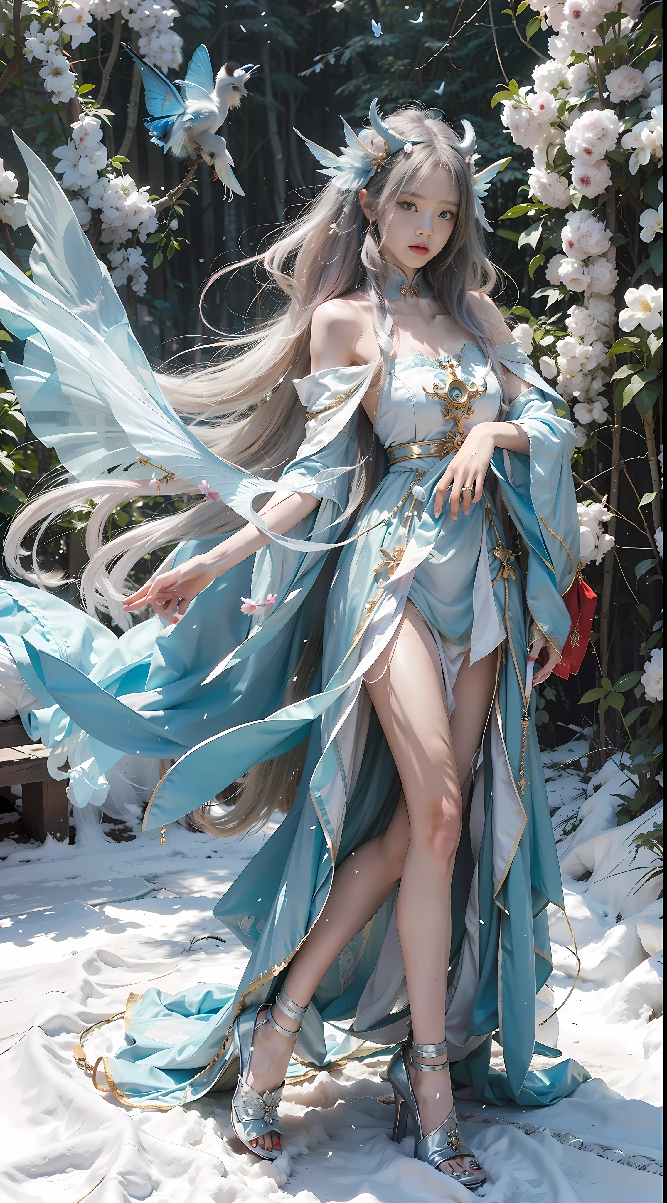 Close-up of a woman in costume on stage, full body fairy, beautiful celestial mage, amazing young ethereal character, beautiful fantasy queen, astral witch costume, Shaxi, flowing magic robe, white Hanfu, fairy fantasy, beauty Delfin, ethereal fantasy, elegant and charming cosplay, Hirose Jinyao, lying on bed, charming, very funny, a sports car, night punk oriental architecture, white furry coat, snow, masterpiece, 8k, best quality, black long straight hair, red furry cape, Cloak, birds in the sky, butterflies in front (full body 2.0) snowy mountains behind, blue sky, holding flowers in hand