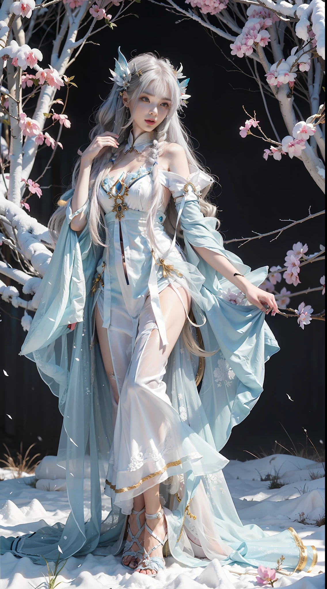 Close-up of a woman in costume on stage, full body fairy, beautiful celestial mage, amazing young ethereal character, beautiful fantasy queen, astral witch costume, Shaxi, flowing magic robe, white Hanfu, fairy fantasy, beauty Delfin, ethereal fantasy, elegant and charming cosplay, Hirose Jinyao, lying on bed, charming, very funny, a sports car, night punk oriental architecture, white furry coat, snow, masterpiece, 8k, best quality, black long straight hair, red furry cape, Cloak, birds in the sky, butterflies in front (full body 2.0) snowy mountains behind, blue sky, holding flowers in hand