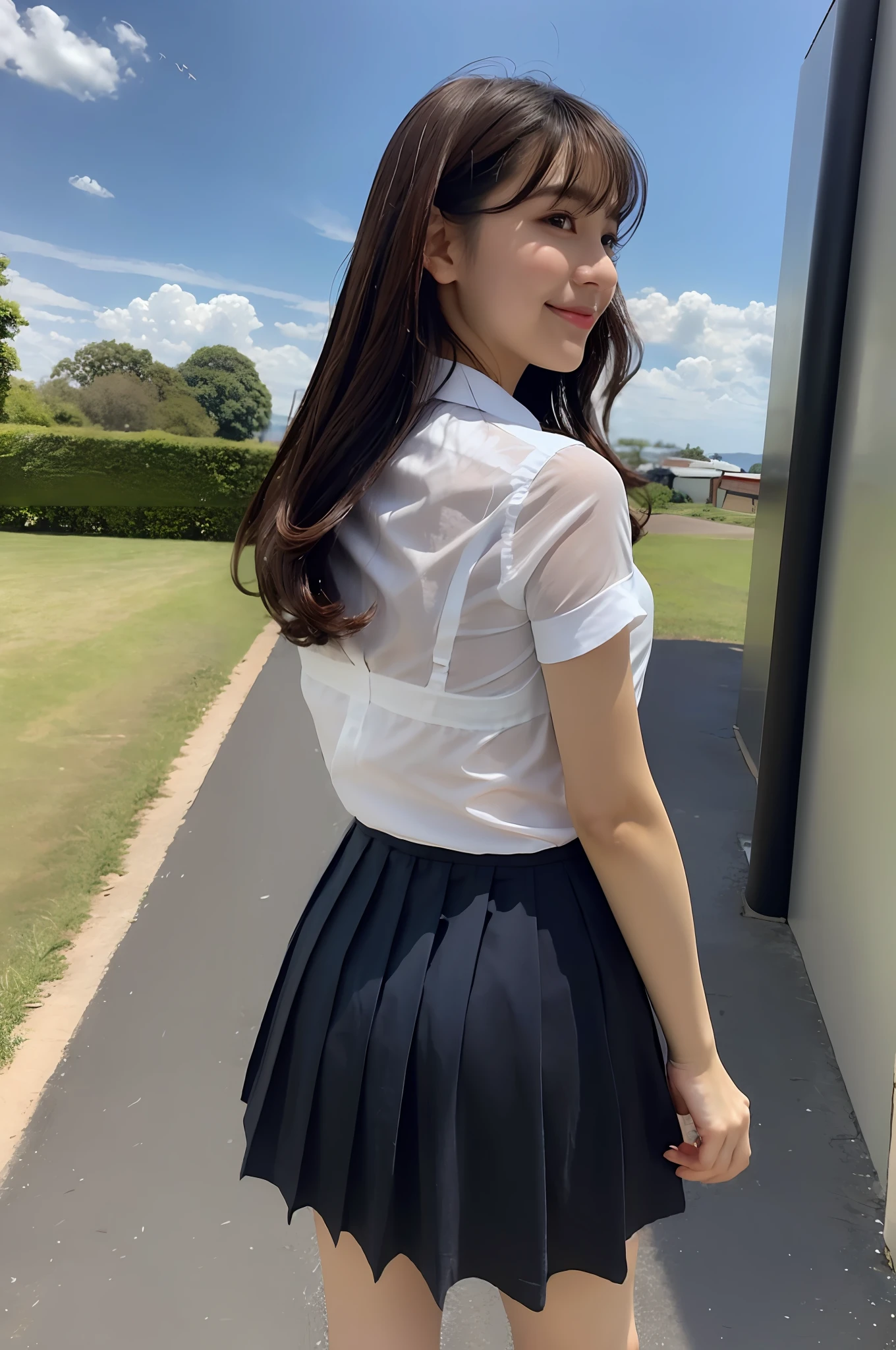 4K, LDR, best quality, masterpiece, high detail, super high resolution, digital photography, bangs, film lighting, (Fujifilm color:1.2) portrait, wide angle view, professional, (photography: 1.2), (dynamic pose: 1.1), (shot from behind: 1.2, back), 1 girl, solo, slightly smiling, delicate face, medium breasts, wide hips, classic wavy long hair, (BSB:1.4), (Behsuke: 1.4), (black bra visible through clothing: 1.3, bra silhouette clearly visible), white shirt, bow, navy blue pleated skirt, school uniform, (sheer see underwear), see-through, ( see-through see bra), school bag, short sleeves, bangs, outdoor, sky, collared shirt, collarbone, blurred background, look to the side, sky, dress shirt, blue sky, clouds