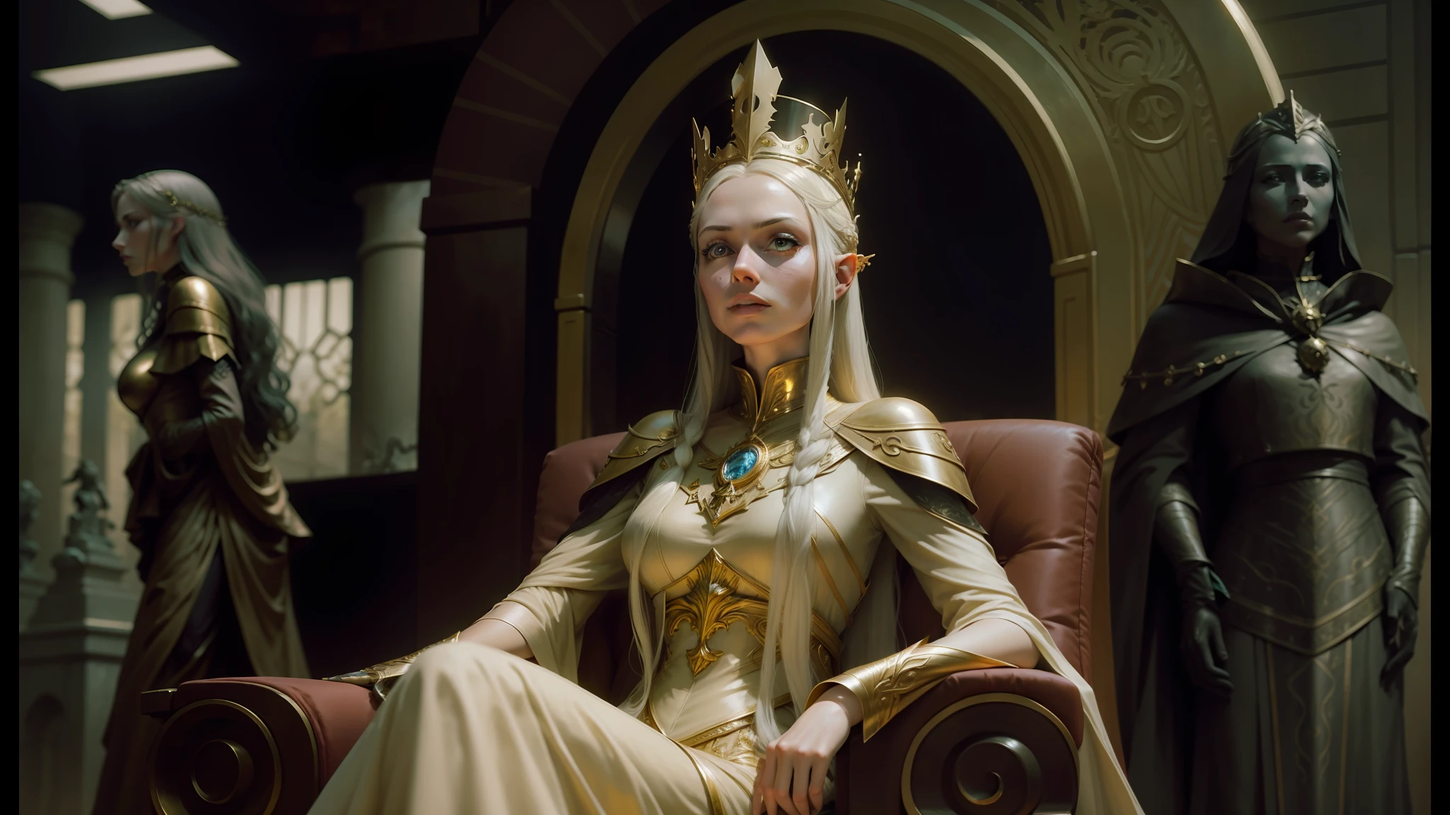 arafed woman in a golden dress sitting in a chair with a statue behind her, galadriel in lothlórien, wearing steampunk attire, still from movie dune, crown of bones, tarot card the empress, dictatorship, valerian, aion, the empress, karl urban --auto --s2
