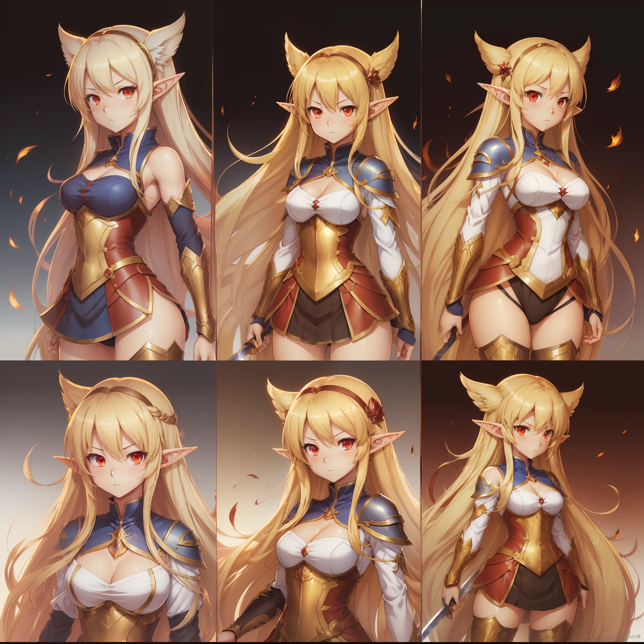 ((Masterpiece)), (((highest quality)))), ((Character design sheet, same character, front, side, back), illustration, Blue Archive character, tanned skin, brown, ecchi anime style, ecchi, cute anime girl,1 girl, long hair, pose, female elf, elf ears, char turn betalaura, (simple background, white background: 1.3) blonde, golden hair, red eyes, crimson eyes, swordsman, full body, full body figure, character design