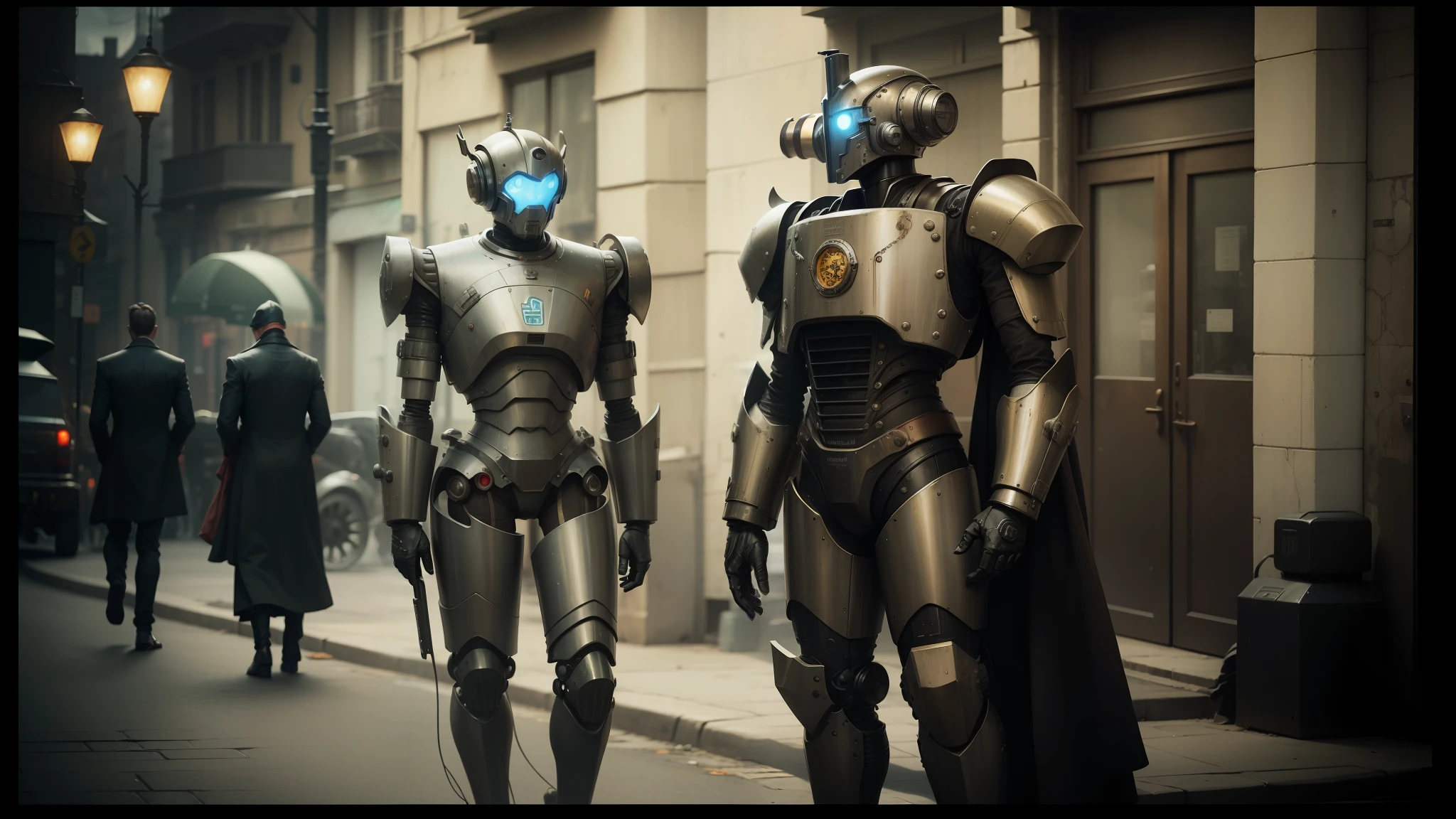 there are three robots that are standing in the street, in steampunk cityscape, screenshot from a movie, cinematic outfit photo, by Ernő Grünbaum, aged armor plating, film noir realistic, 2 0 1 4. modern attire, kit bash, 5 0 s aesthetic, innsmouth ocean - dwellers, by László Dombrovszky --auto --s2