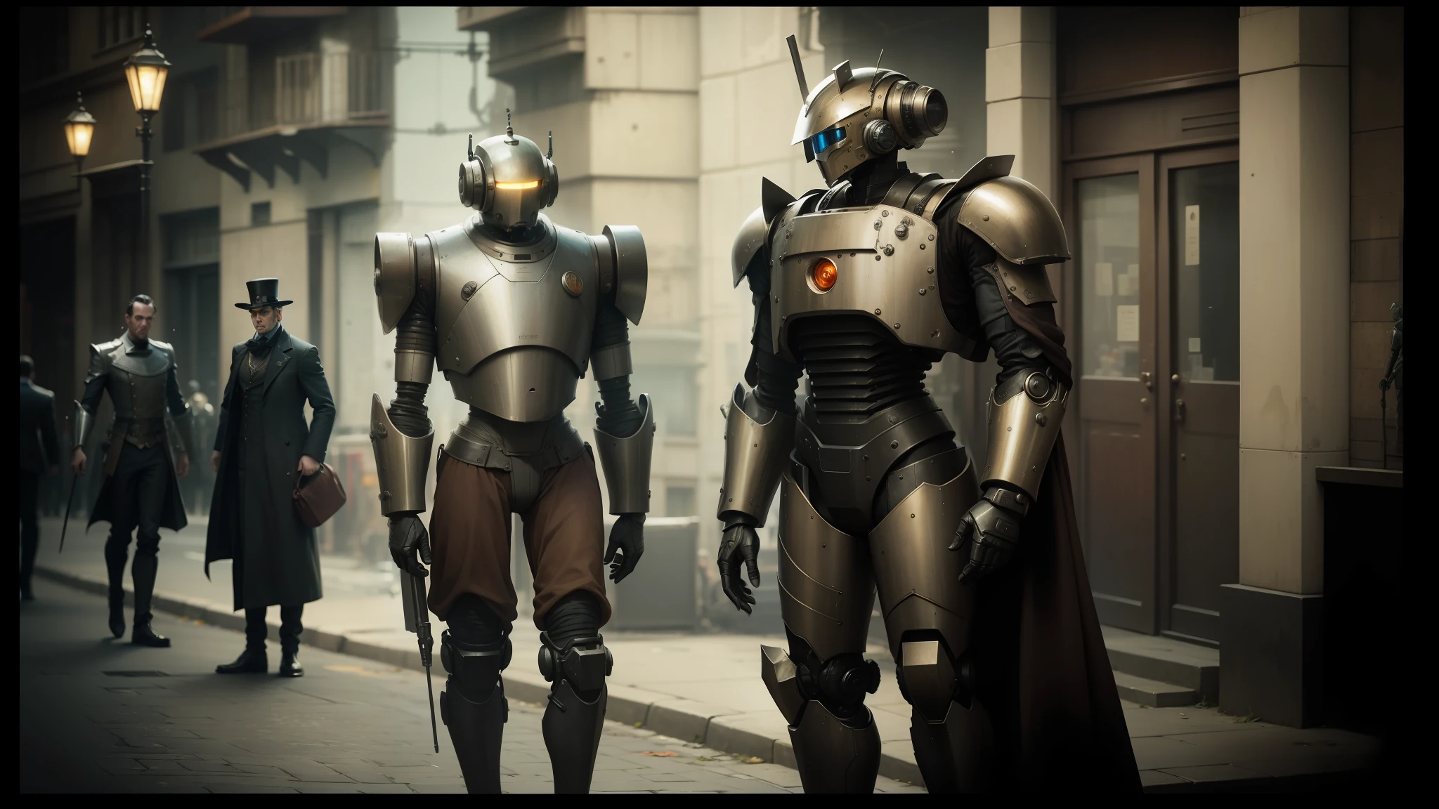 there are three robots that are standing in the street, in steampunk cityscape, screenshot from a movie, cinematic outfit photo, by Ernő Grünbaum, aged armor plating, film noir realistic, 2 0 1 4. modern attire, kit bash, 5 0 s aesthetic, innsmouth ocean - dwellers, by László Dombrovszky --auto --s2