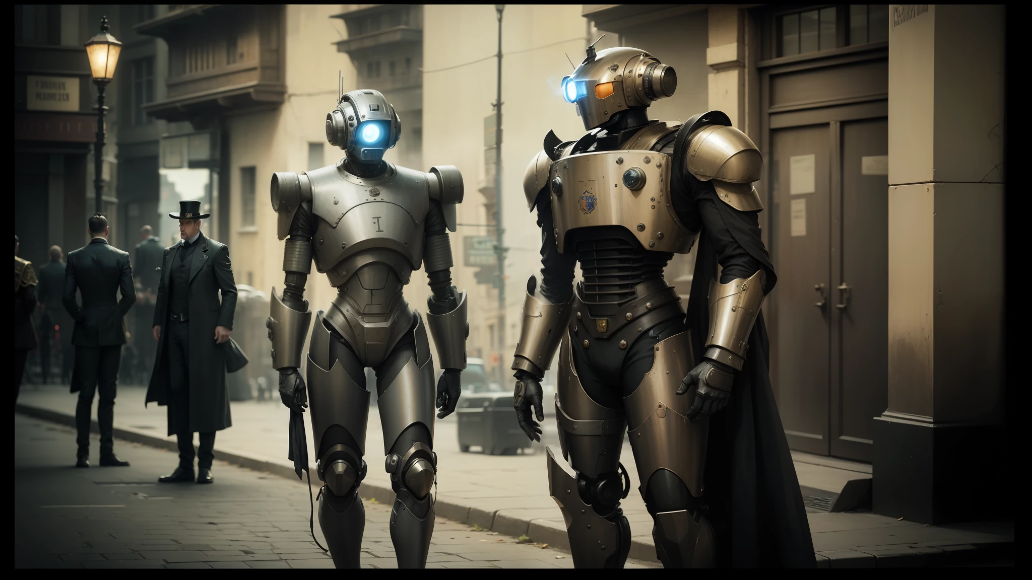 there are three robots that are standing in the street, in steampunk cityscape, screenshot from a movie, cinematic outfit photo, by Ernő Grünbaum, aged armor plating, film noir realistic, 2 0 1 4. modern attire, kit bash, 5 0 s aesthetic, innsmouth ocean - dwellers, by László Dombrovszky --auto --s2