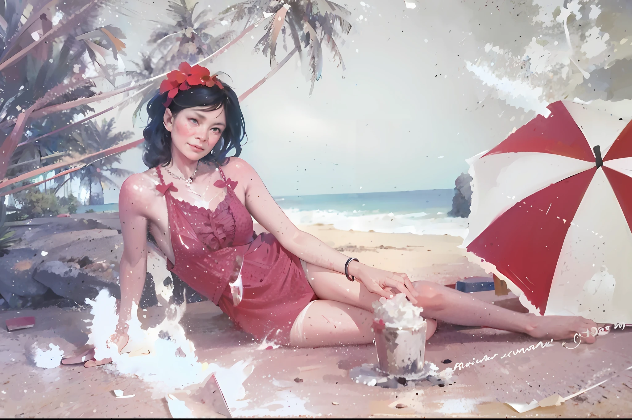there is a woman in a red bathing suit sitting on the beach, unknown artist, damaged photo, old picture, old painting, old color photograph, unknown location, grainy damaged photo, old photo, old color photo, old damagaed polaroid photo, realistic old photo, photographed on damaged film, old photo scattered, artist unknown, very old photo, lost photo