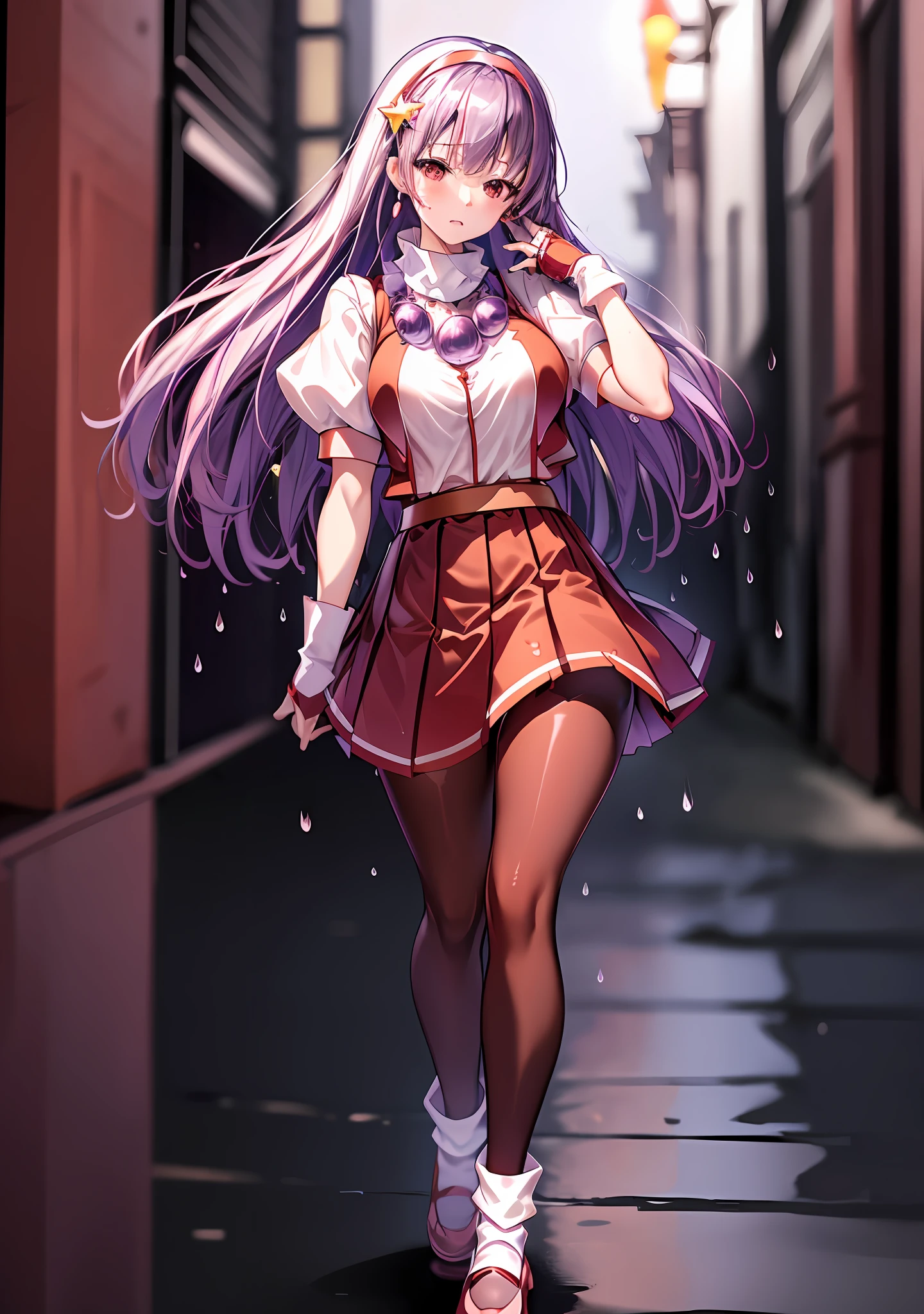 (masterpiece, top quality, best quality, official art, beautiful and aesthetic:1.2), (1girl:1.3), (fractal art:1.3), 
solo, athena97,
walking, beautiful legs, (skirt lift:1.1),
purple eyes, purple hair, long hair, earrings, red hairband, star hair ornament, (red mary janes),( white socks:1.3), 
 medium breats, red open vest, white turtleneck, white puffy sleeves, short sleeves, red pleated skirt, (deep red pantyhose),yellow belt,(purple sphere shape necklace), red fingerless gloves, white panties under pantyhose,
cry, (blush:1.3), tears,
(outdoors),  ((wet, rain, water drop)), night ,cloud, full body,
cosplay photo,  (cinmatic:0.4), cowboy shot,alley simple background,