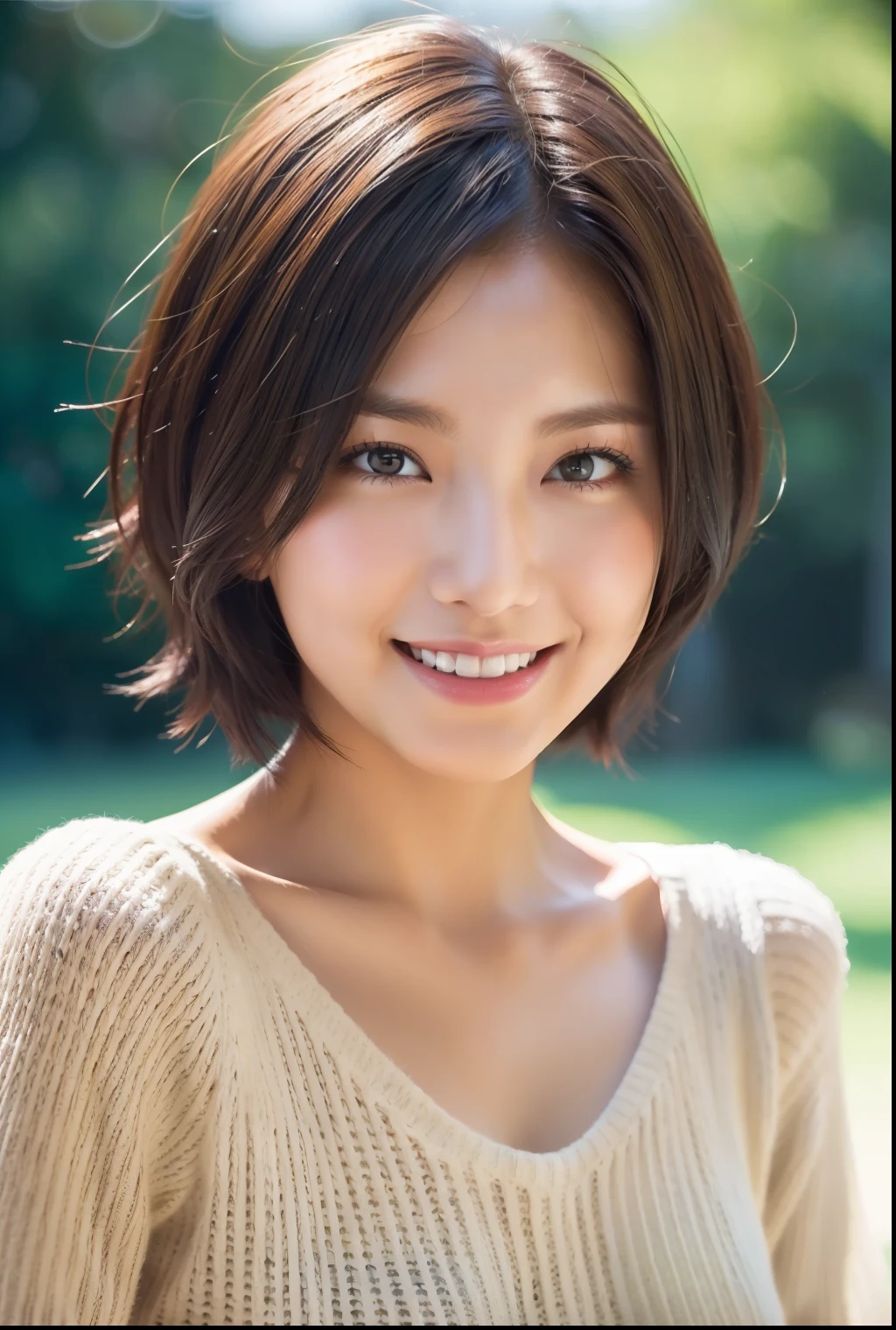 ((Best Quality, 8k, Sharp Focus, 35mm Lens, Masterpiece: 1.2, Natural Light, Ultimate Girl, Highly Detailed Facial Textures)), (Shoulder Knit Sweater), (hot pants), (Park: 1.2 )), breast, highly detailed facial textures, inverted triangle face, detailed beauty makeup:1.2, double eyelids, ultra-detailed skin, navel, Grinning, medium short hair, looking at viewer,