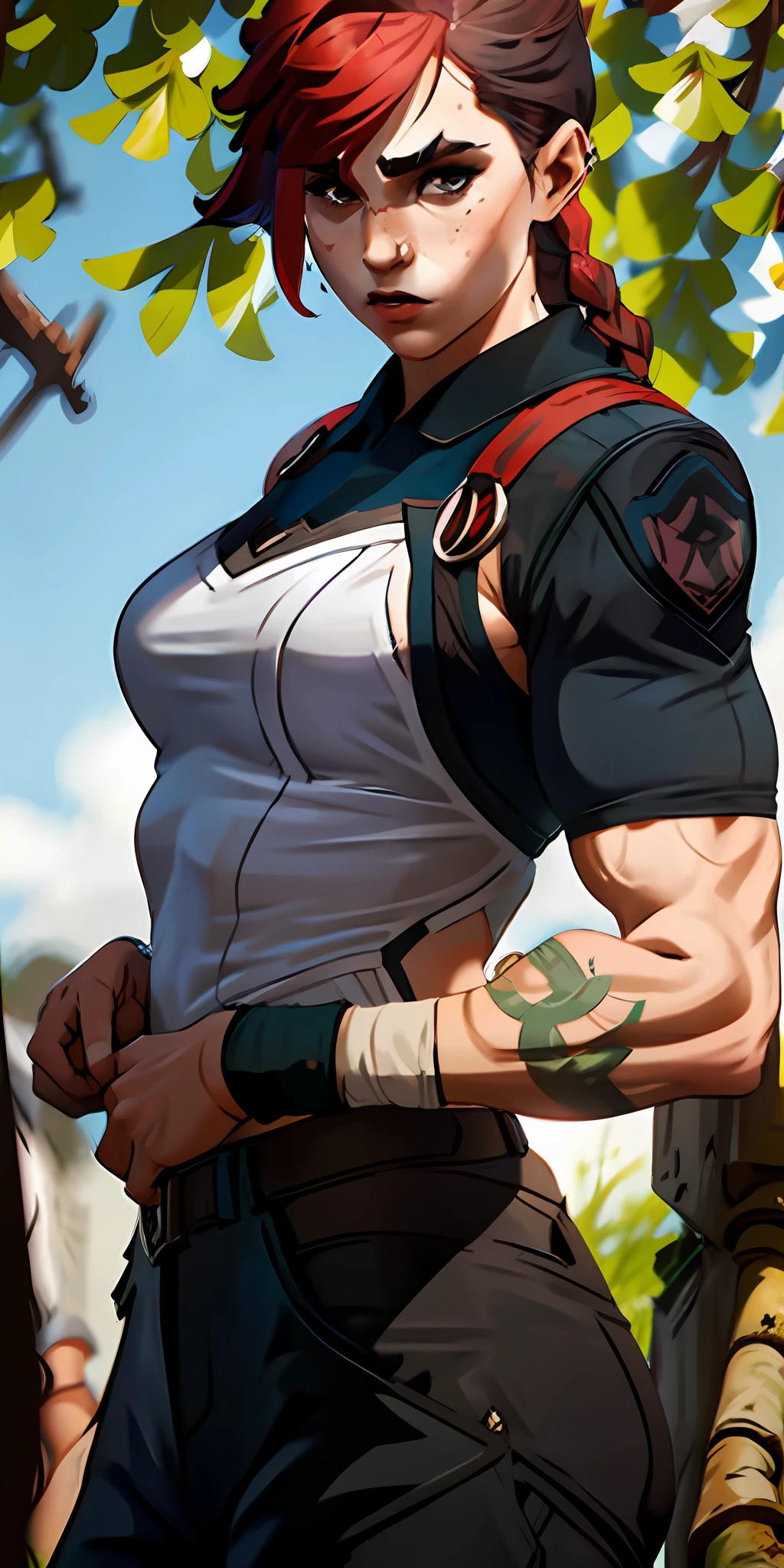 Woman, adult, mature, serious face, freckles hair: brown, braid, muscles, small chest, large thigh, military cargo pants, background: forest, ass