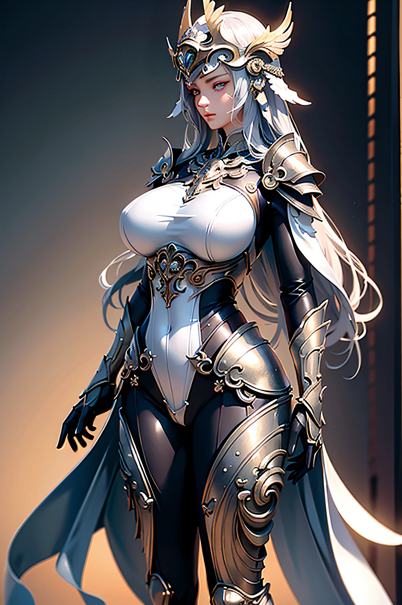 ((Woman, standing, close-up, realistic)) Realistic visuals, artistic sophistication, captivating beauty, dramatic contrast, 8k wallpaper, absurdity, incredible absurdity, silver helmet gadaxintai gaodanvshen, (Big breasts: 1.5)