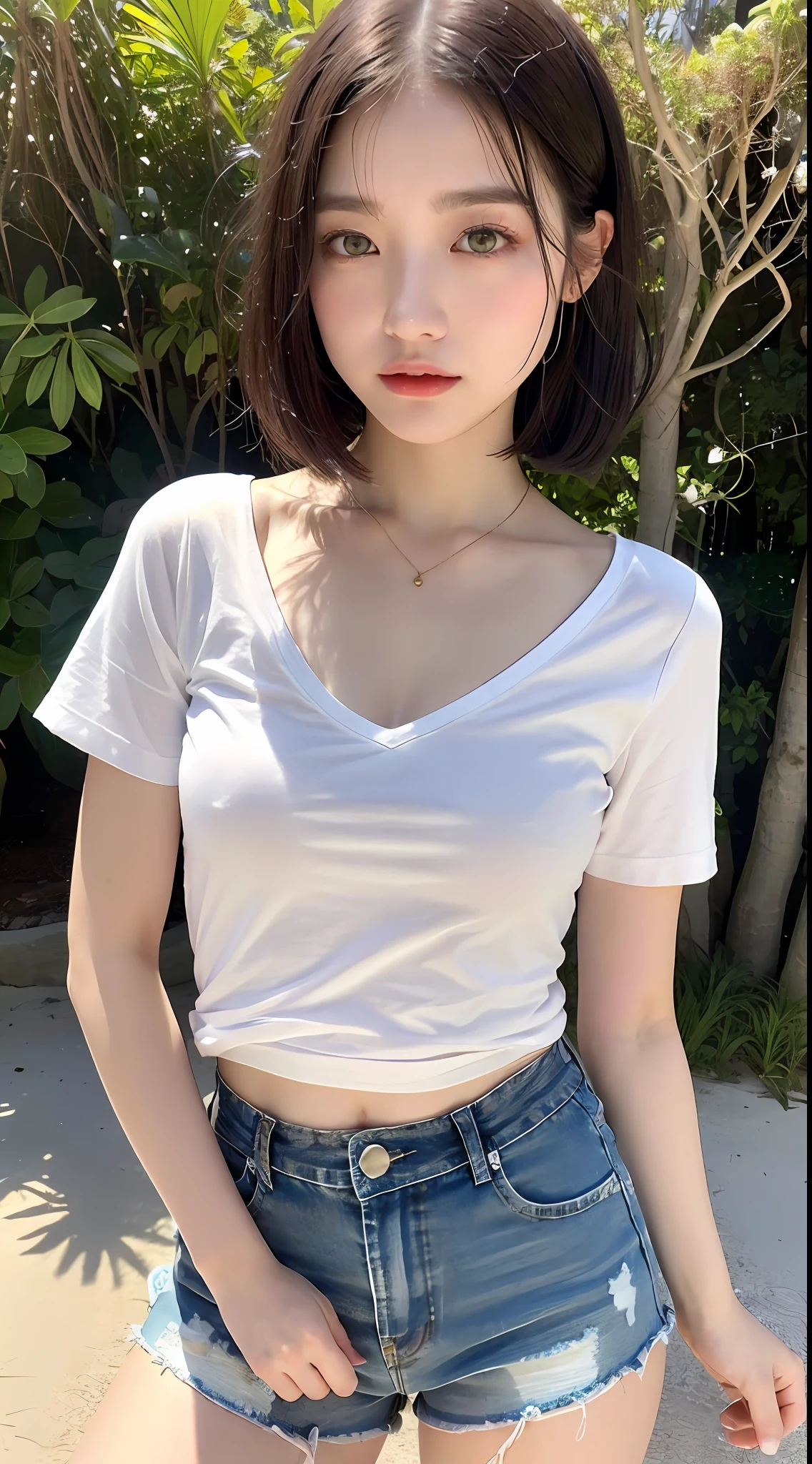 ((Realistic Sunlight, 8k, Top Quality, Masterpiece: 1.3)), (Realistic, Crisp Focus: 1.2), Very Delicate and Cute Japan Girl: 1.4, (1 Girl)), Perfect Style, Ultra Detailed, High Resolution, (Short Sleeves, Cutoff Shorts: 1.1), (Black Hair, Short Hair, Bob Cut: 1.2), (Small, Full Body: 1.3), Highly Detailed Face and Skin Texture, Beautiful detailed eyes, face light, nose blush, blue pupils, green pupils, red lips, eye makeup, slender abs: 1.2, shiny skin, necklace, earrings, tattoo, beach, outdoor, realistic shadows,