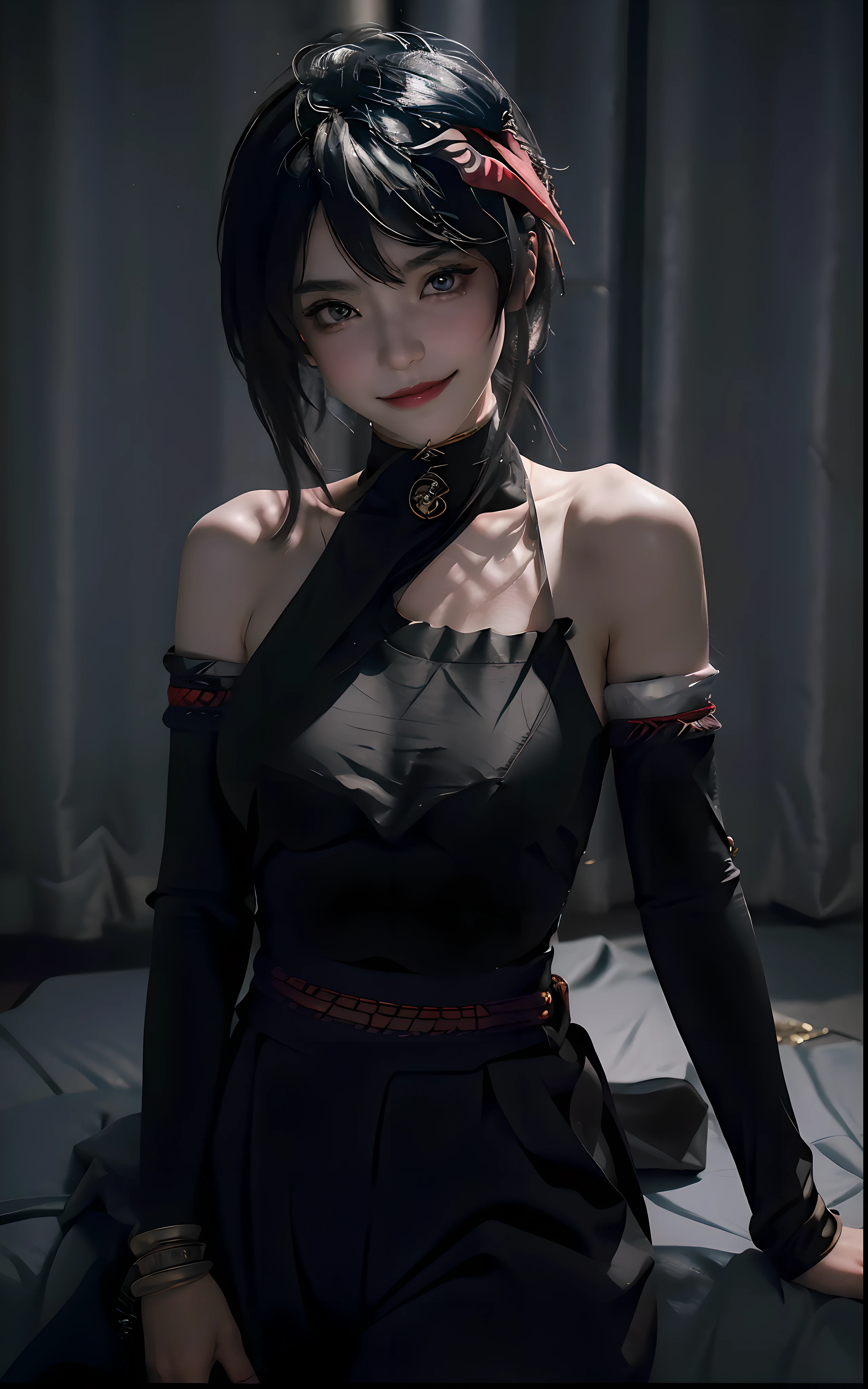 Best quality, masterpiece, ultra high res, (photorealistic:1.4), raw photo , off shoulder, cinematic lighting , kujousaradef, \(genshin impact\),best quality, ultra high res, (photorealistic:1.4), (depth of field:1.4), (pov:1.2),(looking at camera:1.4), (symmetry:1.2), (portrait:1.4), (close-up:1.2), [:(detailed face:1.2):0.2] ((thin bworn lips)), (aegyo sal:1.4), (smile:1.3), 1 girl, ((Shiny skin)),  (detailed eyes:1.2), medium chest, 1mole on chest, (y jumpsuit) macro fishnets, (long black trousers), (8k, RAW photo, best quality, masterpiece:1.2), city ,cute pose, white skin, full body, , bokeh, bloom, (ulzzang-6500:0.4)
