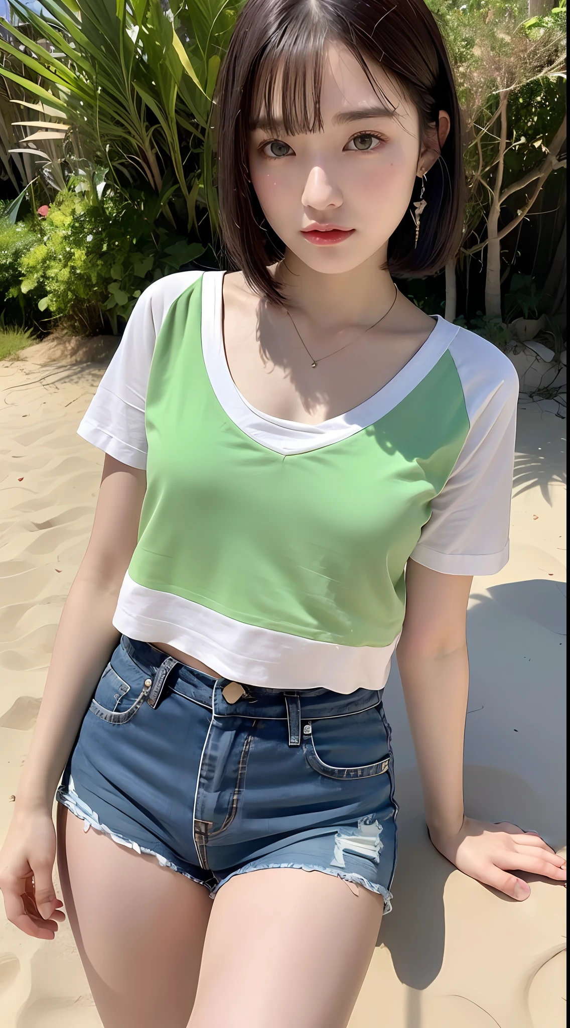 ((Realistic Sunlight, 8k, Top Quality, Masterpiece: 1.3)), (Realistic, Crisp Focus: 1.2), Very Delicate and Cute Japan Girl: 1.4, (1 Girl)), Perfect Style, Ultra Detailed, High Resolution, (Short Sleeves, Cutoff Shorts: 1.1), (Black Hair, Short Hair, Bob Cut: 1.2), (Small, Full Body: 1.3), Highly Detailed Face and Skin Texture, Beautiful detailed eyes, face light, nose blush, blue pupils, green pupils, red lips, eye makeup, slender abs: 1.2, shiny skin, necklace, earrings, tattoo, beach, outdoor, realistic shadows,