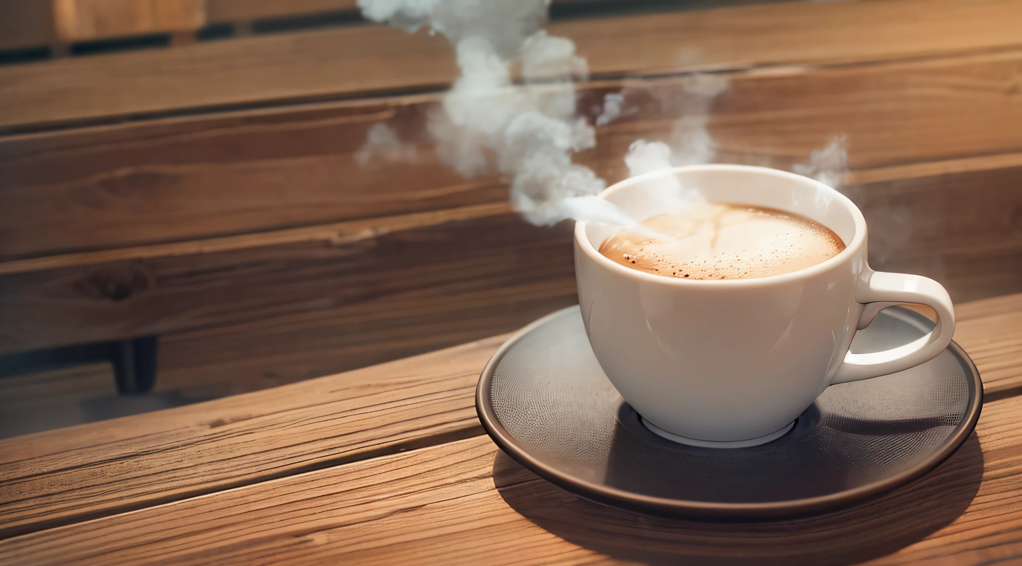 Cafe interior, steam from hot coffee, coffee cup on table, one cup