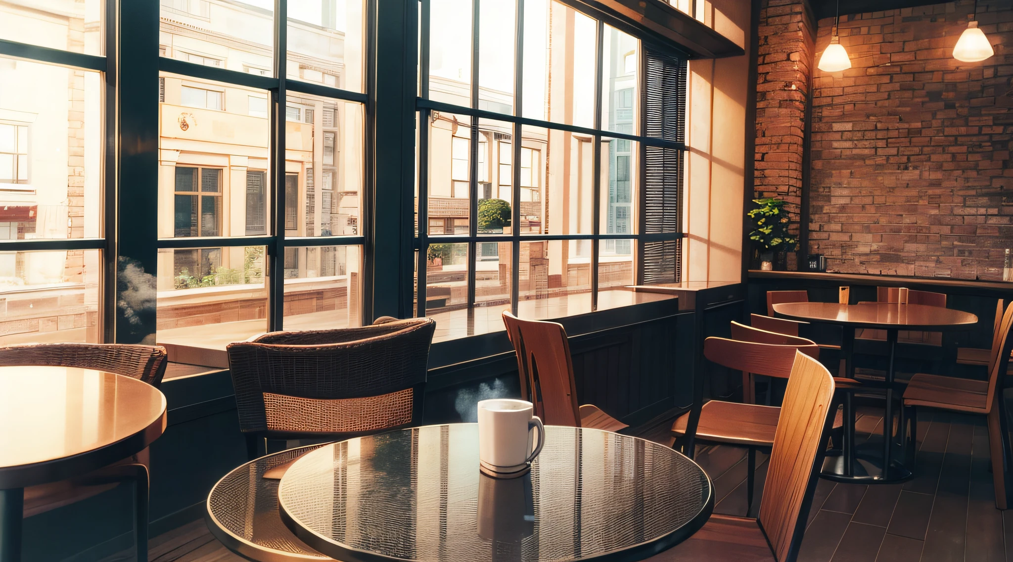 Cafe interior, steam from hot coffee, coffee cup on table, one cup