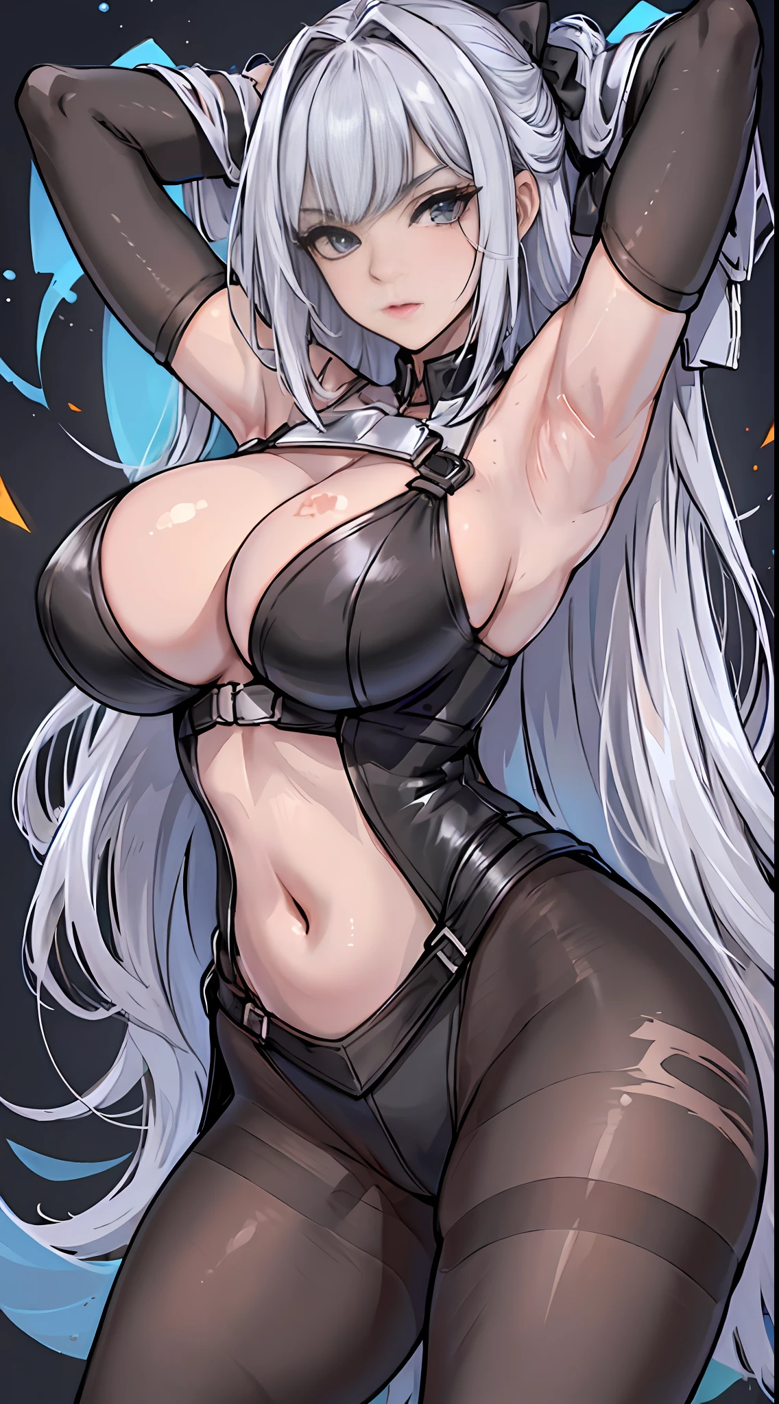 full body,(spread legs:1.5),(arms behind head:1.5),look at viewer,shiny skin,shiny pantyhose,beautiful face,Symmetrical face,natural face,highly detailed,official art, extremely detailed CG unity 8k wallpaper,best quality,((masterpiece)),absurdres,8k resolution,photorealistic,(Detailed eyes1.2),absurdres, incredibly absurdres, huge filesize,ultra-detailed, extremely detailed, beautiful detailed girl, extremely detailed eyes and face, beautiful detailed eyes, light on face,1girl,solo,kawaii,bare_shoulders,(Conjoined black silk:1.2),microskirt,((black pantyhose)),(black legwear:1.2),heart in eye,long hair,(white hair:1.2),streaked hair,messy_hair,(huge:1.2) breasts,hair_bow,collar,Thick coating