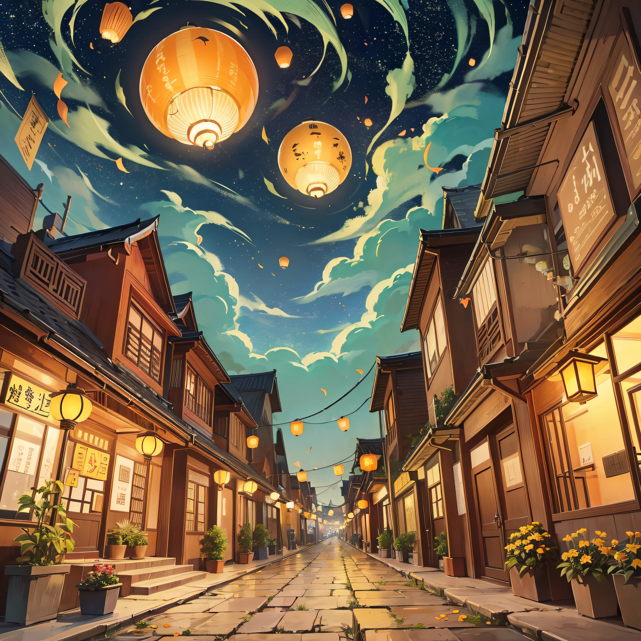 mid-autumn goddess flying in the sky, night sky, shining round moon. magical town, orange, green, chinese lanterns, glitter, stars, mid-autumn festival, modern, children, lion dance, lotus, carp lantern, star lantern, flying to the horizon, flat illustration, fairy tale, nature, dreamy, vietnam, glowing, firefly floating, orange and yellow flowers, japanese lantern --auto --s2