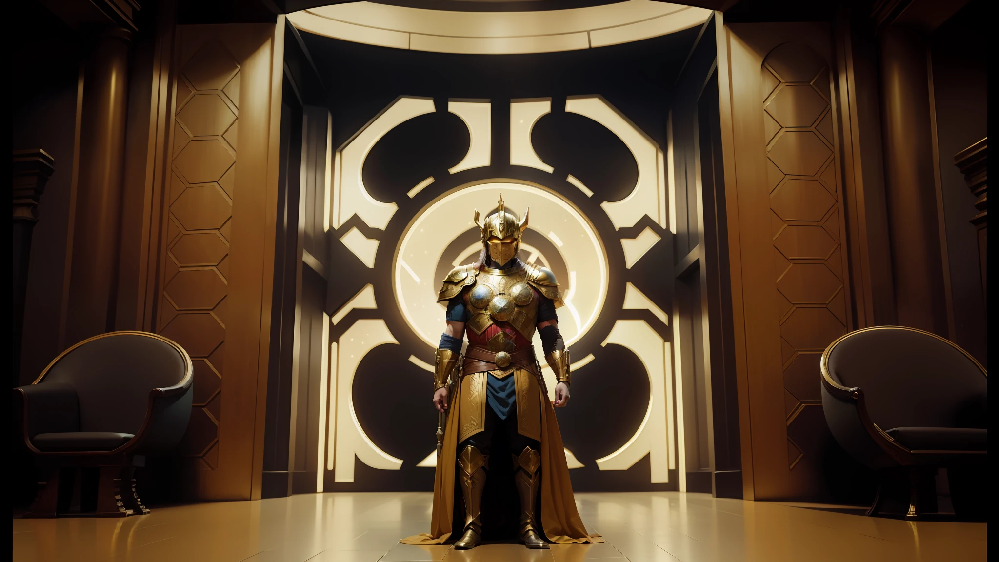 panted image of a man in a costume standing in a doorway, starring in the movie thor ragnarok, glittering gold background, from the doctor who series, an image of kowloon, in a throne room, cathedral of the sun, yellow helmet, epic lost in space , ornate cosplay, authority, mastodon, by Kamāl ud-Dīn Behzād --auto --s2
