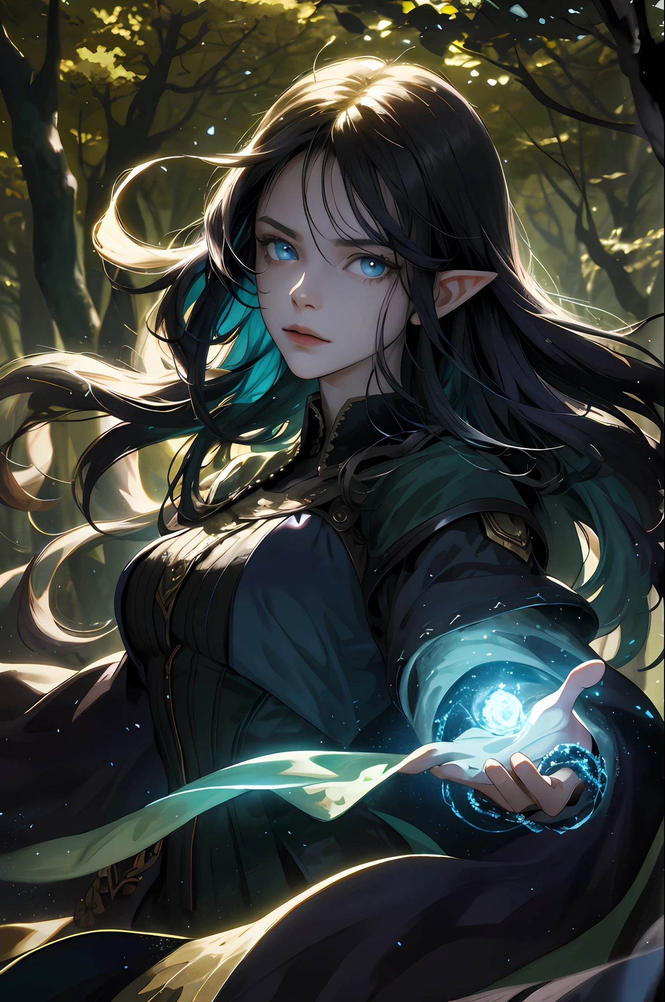 (masterpiece), (movie light)), (high resolution, super detail), elf, pretty face, 1 woman, , straight long hair, (beautiful long golden hair), hair fluttering in the wind, blue eyes, bangs, fine eyes and detailed face, intricate details, viewer view, solo, detailed background, full body, detailed face, (Gothic Dark Ages theme: 1.5), glowing circlet, miniature armor, dynamic pose, Forest-themed clothes, glowing magic fragments, deep forest, illuminated by flames, night, dark, figure floating in flame lighting, magic floating particles, magnificent ethereal atmosphere, updraft, portrait, blurry background, serious gaze, war, wind magic, war, powerful movement, wind magic, green base color, ((((deep shadow)))),