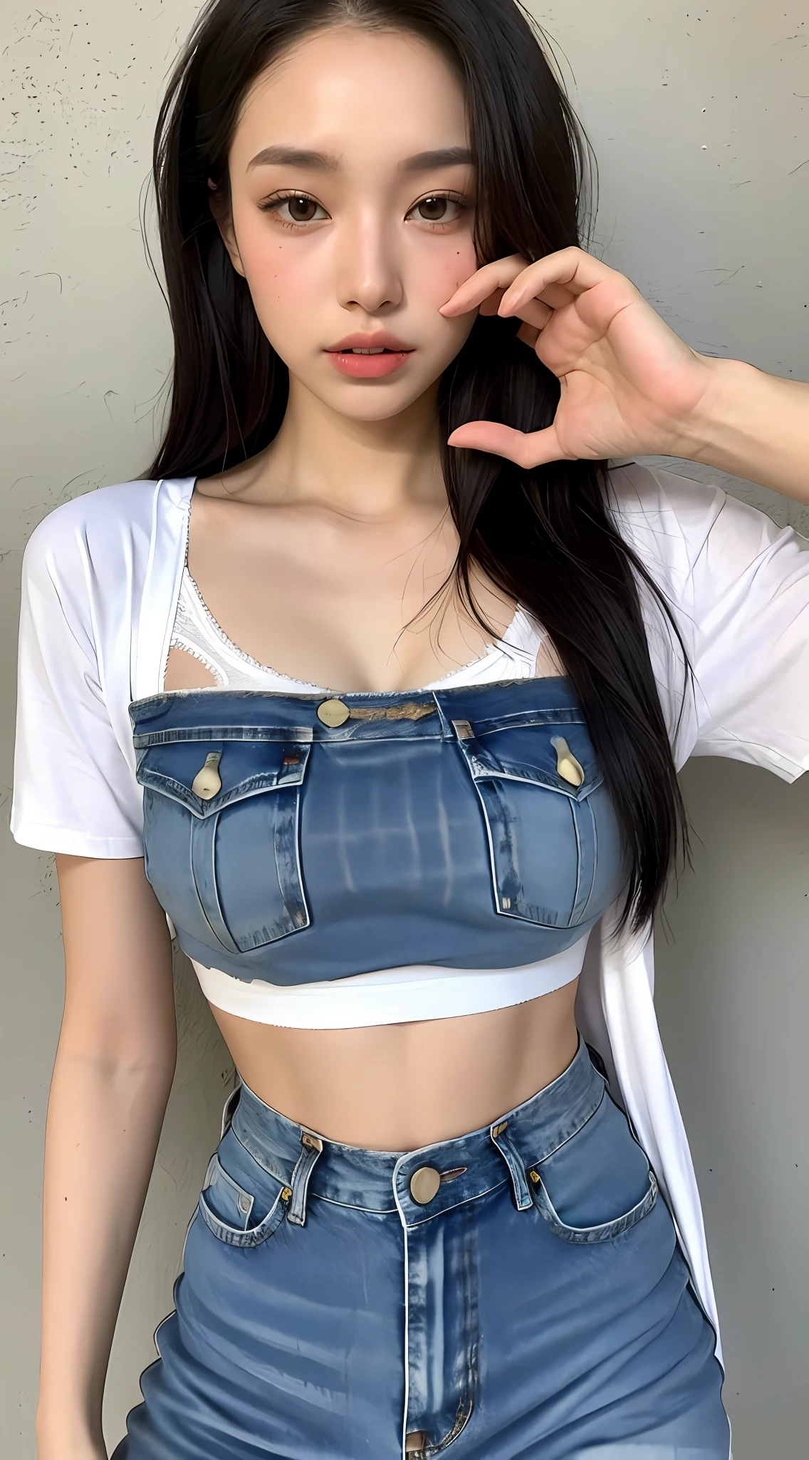 Girl posing for photo with white bra and tight denim, with cropped t-shirt, bra and streetwear, slim figure, smaller bust, slim girl model, 24 year old female model with "GF" printed on the bra